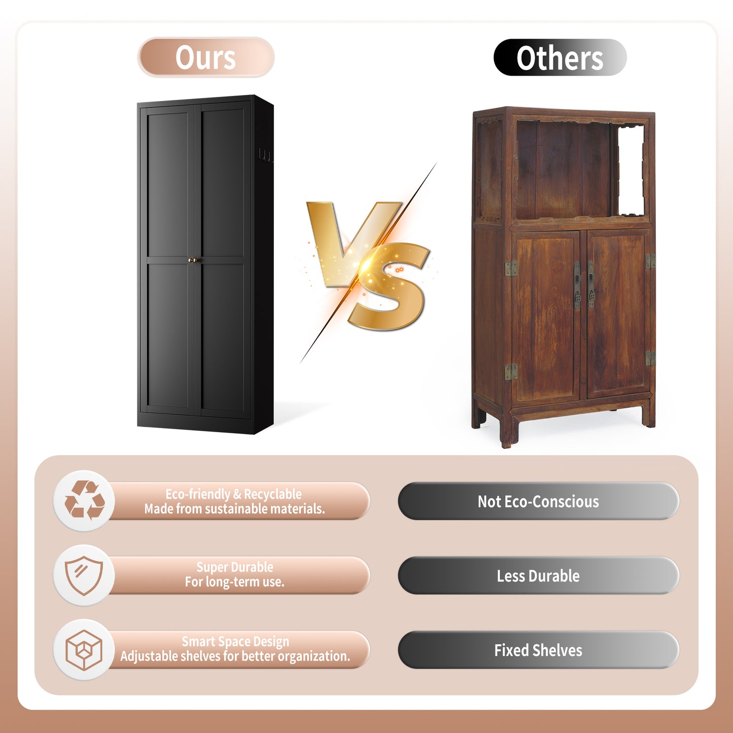VIYET 72" Black Metal Kitchen Pantry Cabinet with Doors, 5 Adjustable Shelves, Heavy-Duty Tool-Free Freestanding Organizer