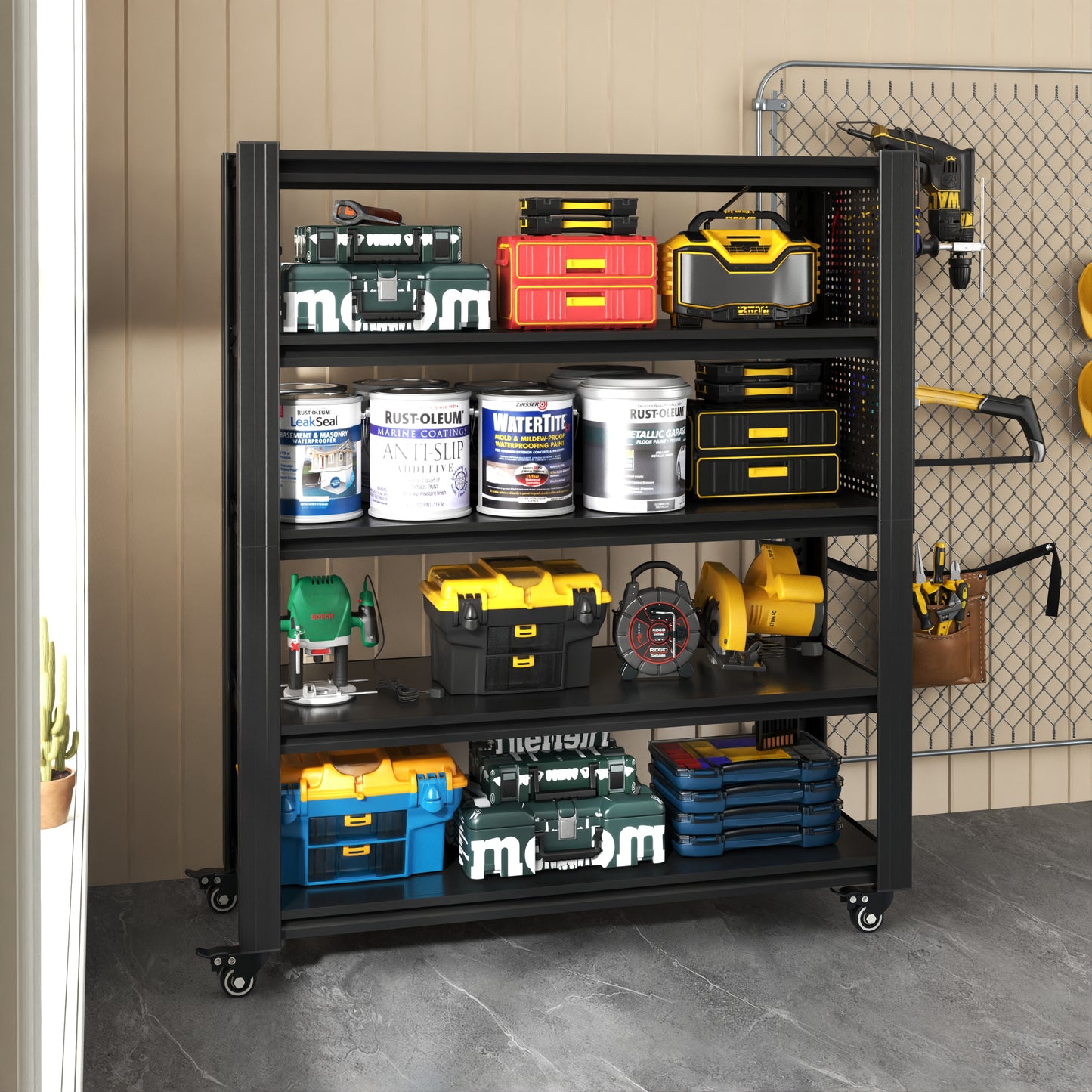 VIYET 78" Rolling Metal Garage Shelving with Pegboard, 5 Tier Adjustable Storage Rack, Heavy Duty Utility Shelf with Locking Wheels, Black