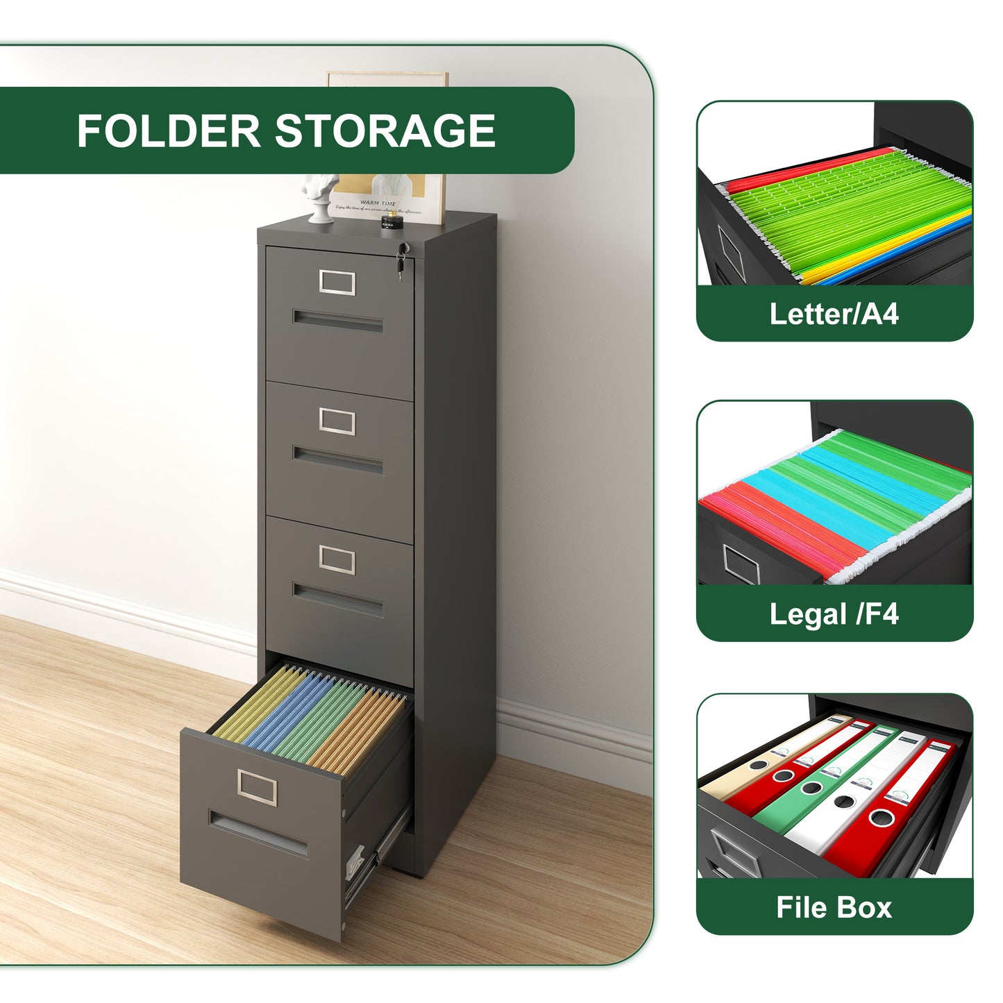 VIYET 52"H 4-Drawer Narrow Metal Vertical File Cabinet with Lock, Black, Fits A4/Letter/Legal, Home Office Steel Filing Cabinet