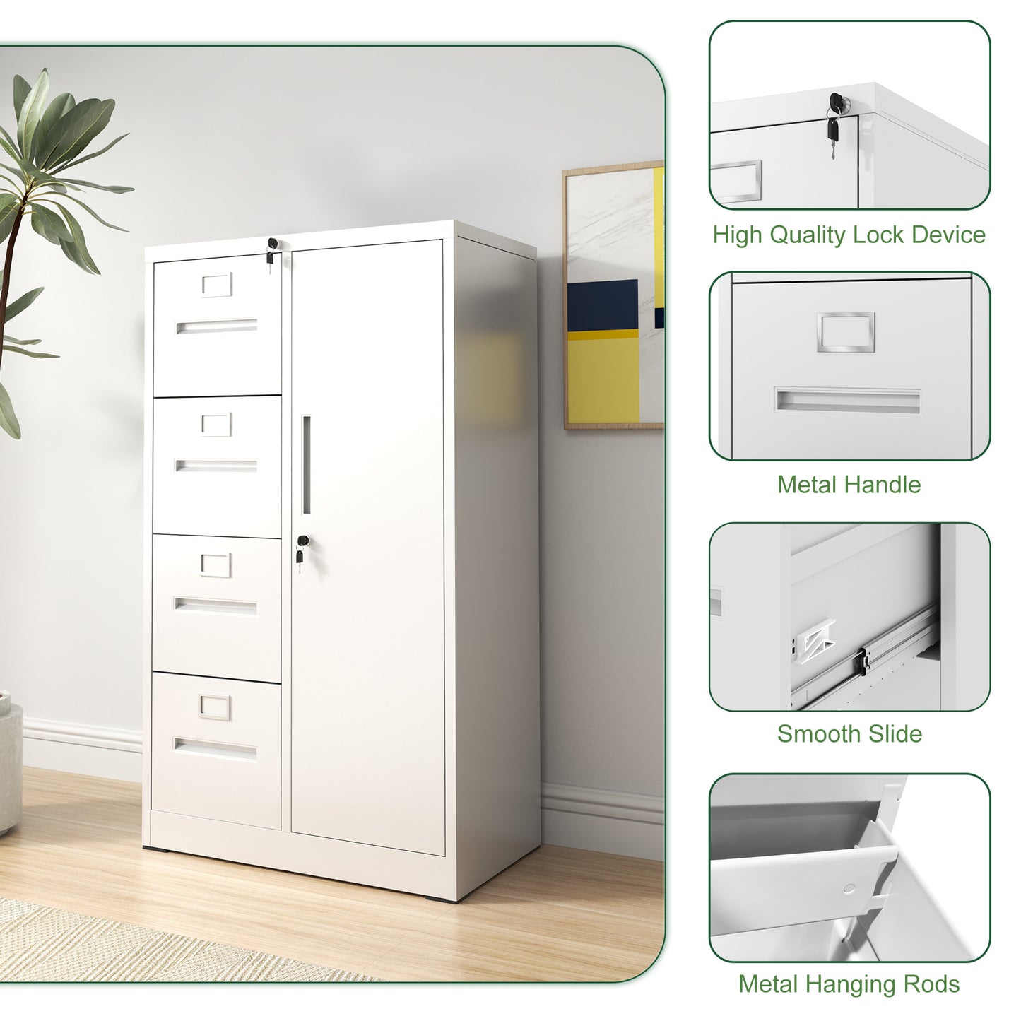 VIYET 4-Drawer Locking Metal File Cabinet, Vertical Filing Cabinet for Home Office Storage, White Steel Office Cabinet