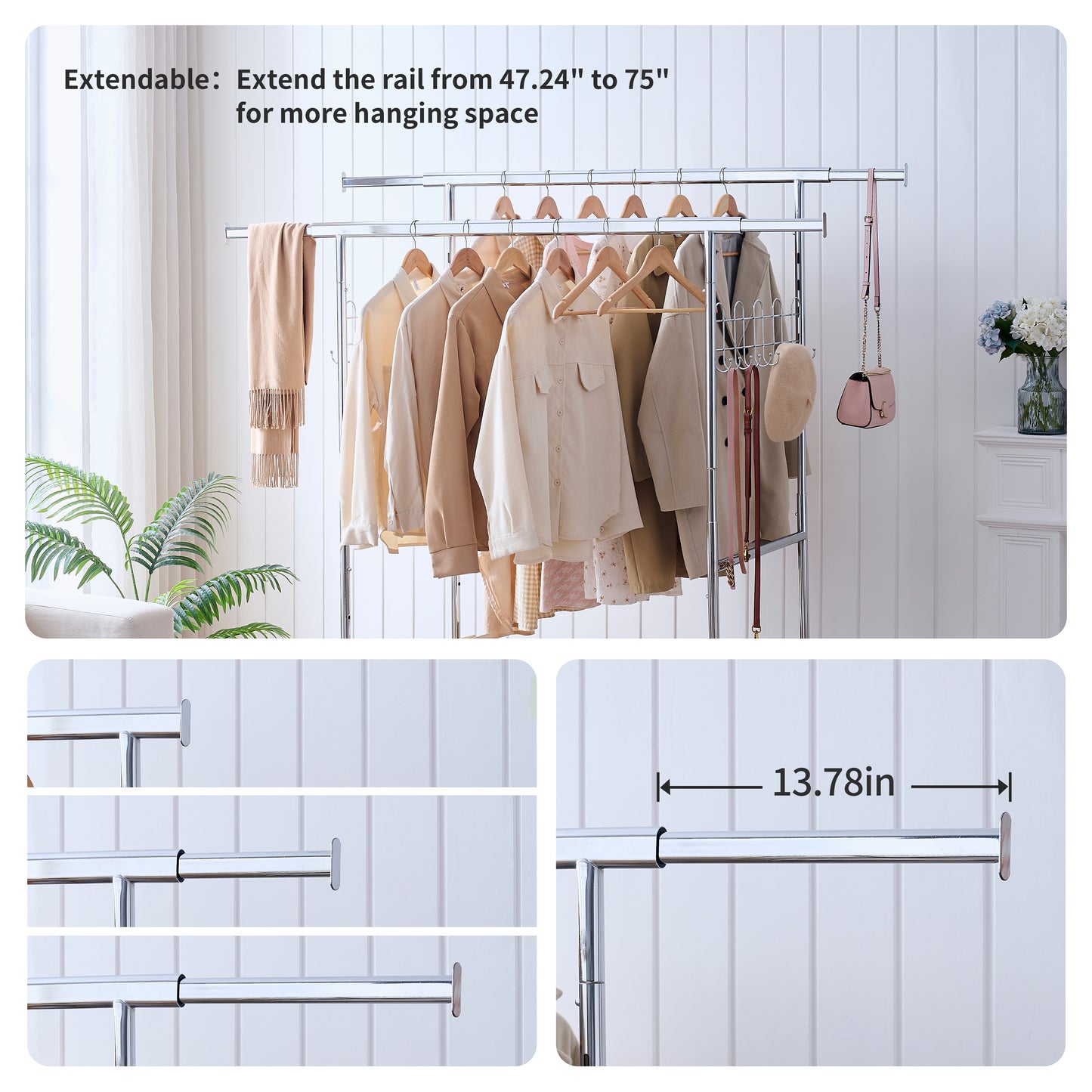 VIYET 68" 800LBS Double Garment Rack with Shelves, Heavy-Duty Iron Rolling Clothes Rack (Collapsible Commercial Portable Hanger)