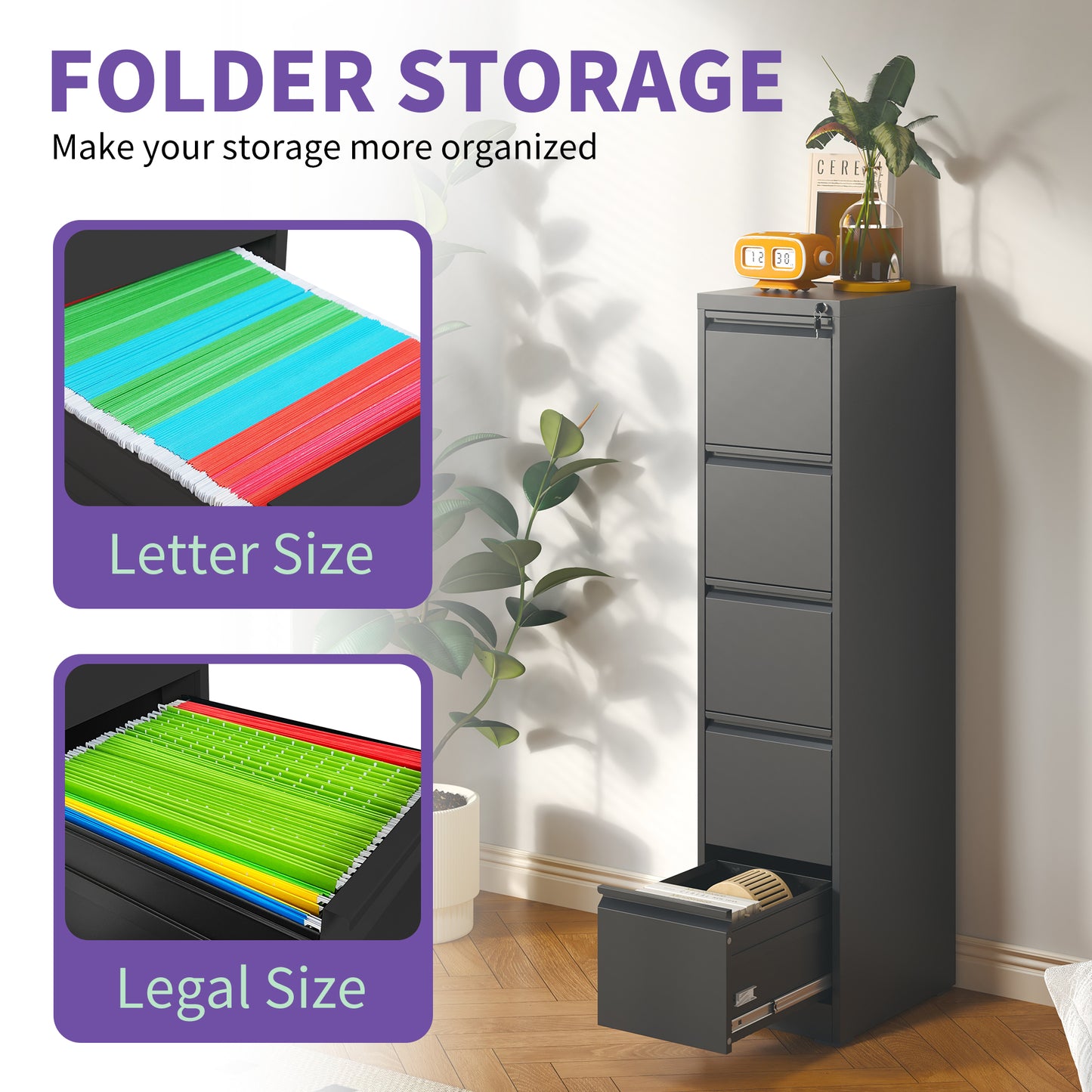 VIYET 64" Black 5-Drawer Vertical Metal File Cabinet with Lock, Tall Locking Filing Cabinet, Fits Letter Legal & A4 Files