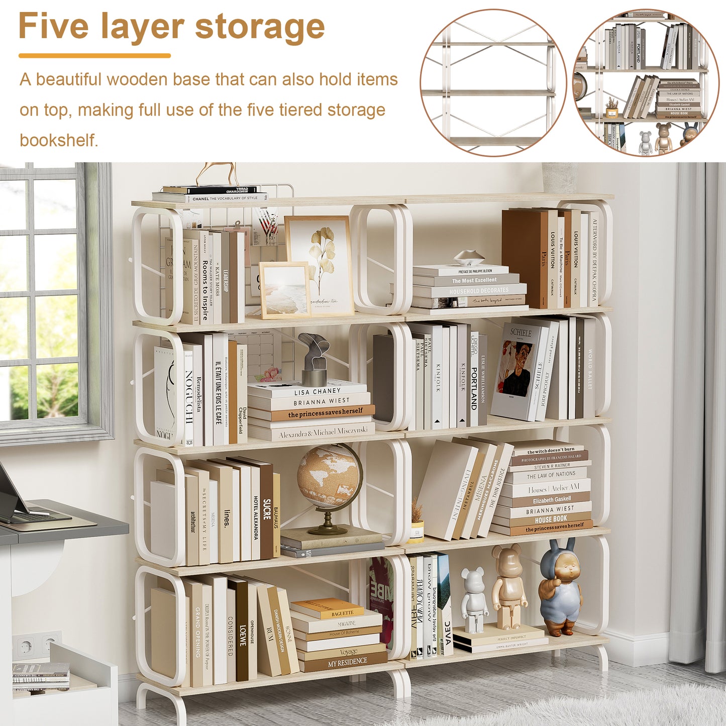 VIYET63" 5-Tier Industrial shelf, White MDF+Iron Frame Open Bookcase (Anti-Tipping Home Office/Living Room Organizer)