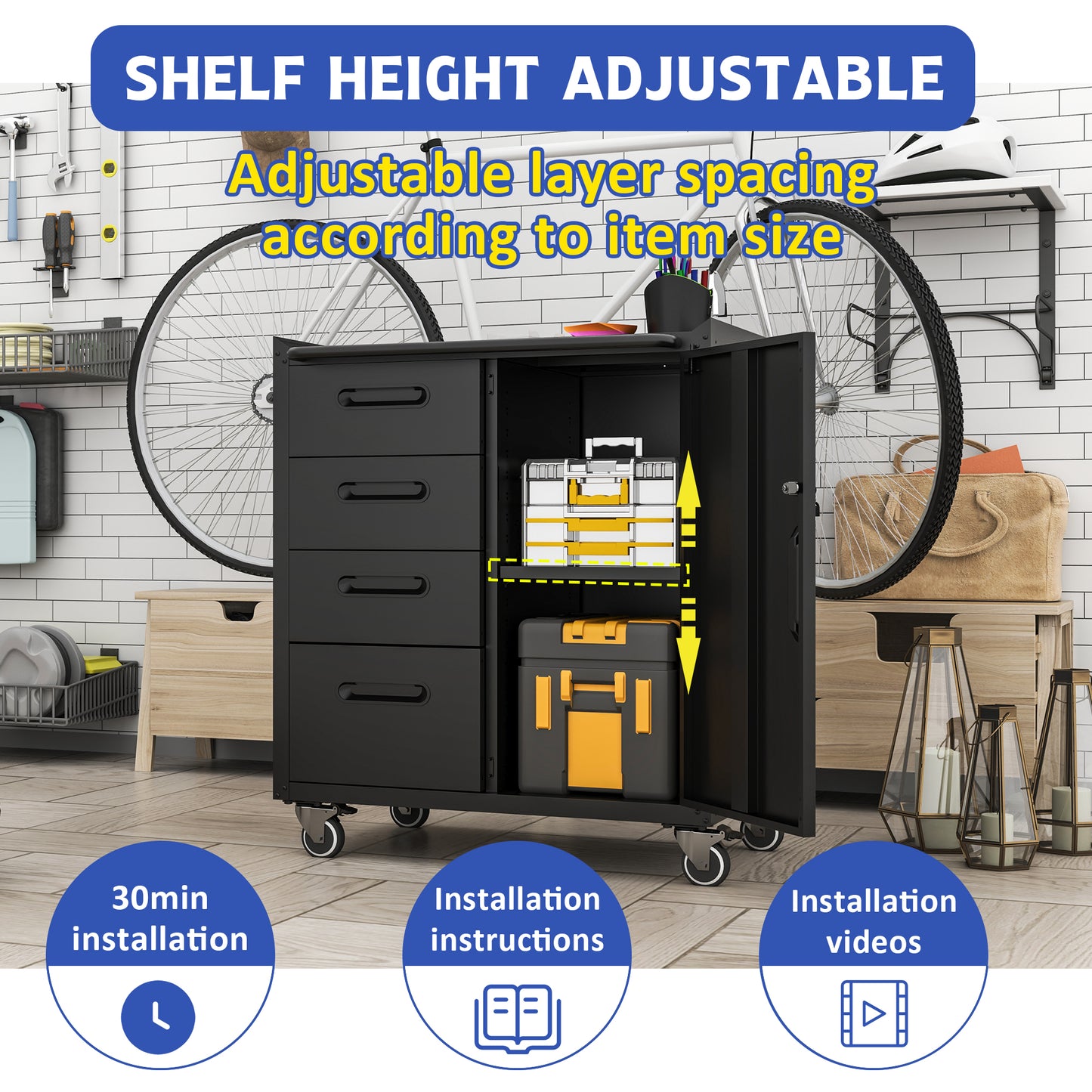 VIYET 35"H Heavy-Duty Mobile Steel Tool Cabinet, Categorized Drawers, Lockable Adjustable Shelf, 360° Casters, Black+Gray, Garage/Home/Office/Workshop