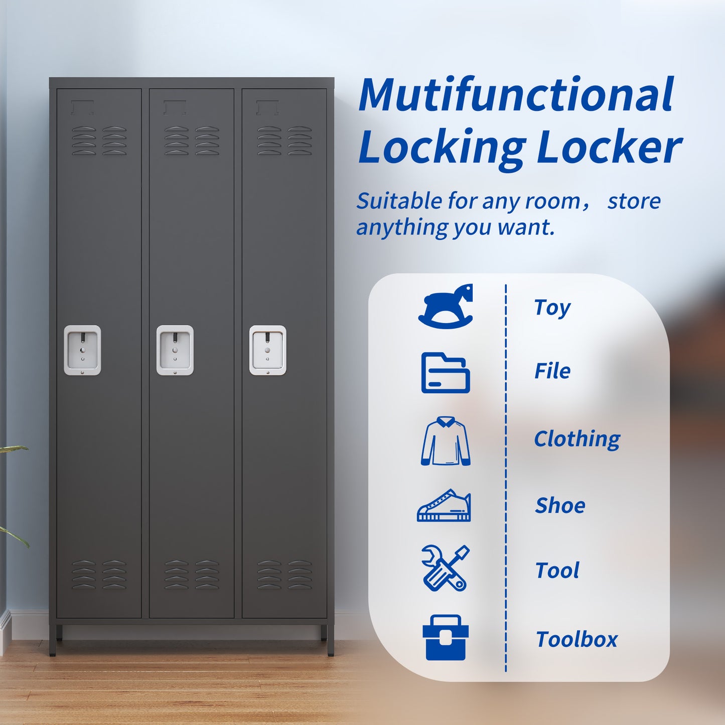 VIYET 72" 3 Door Metal Locker Storage Cabinet with Locks, Freestanding Employee Locker for Office, School, Gym, Garage & Home, Black