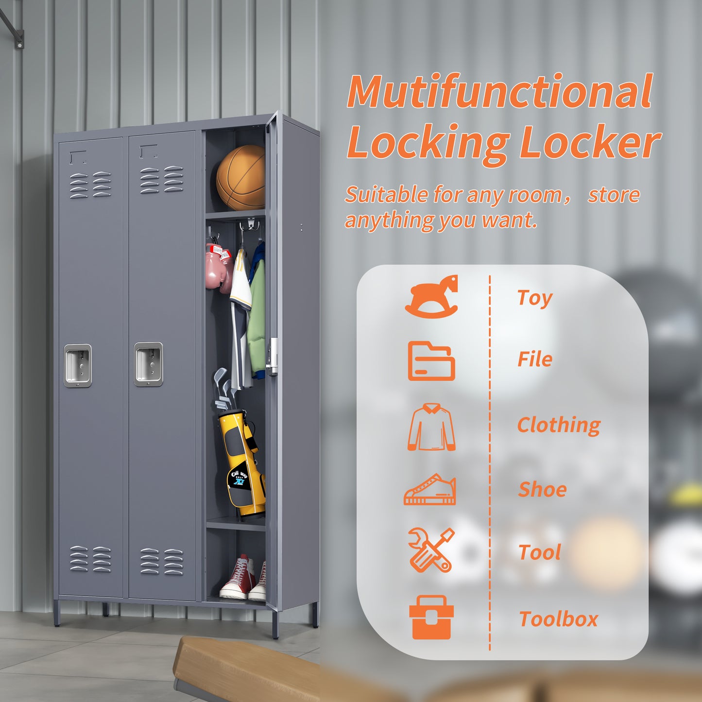 VIYET 72" 3-Door Metal Locker Cabinet, Gray Steel Storage w/ Independent Locks (Employee/Gym/Office/School Organizer)