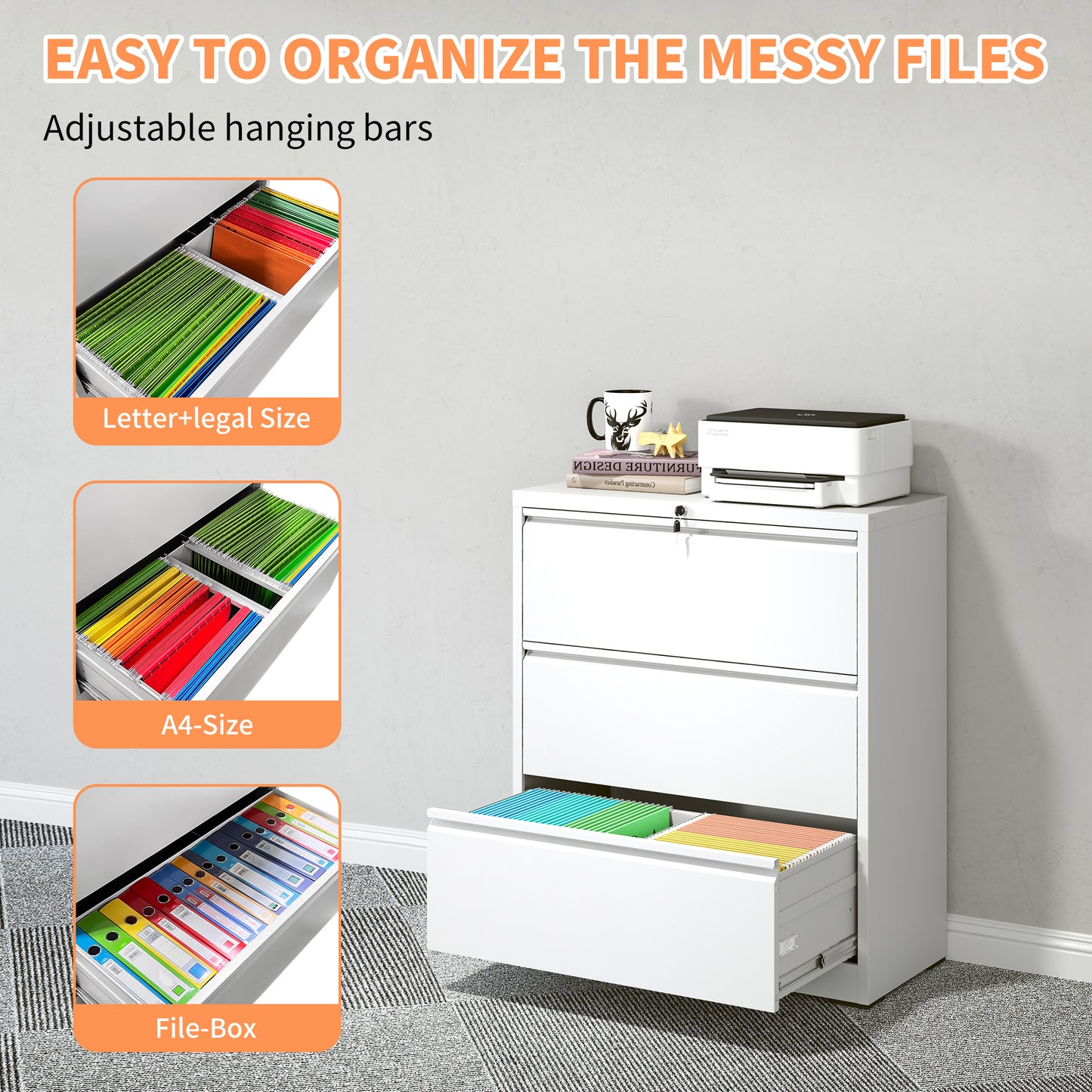VIYET - 35"W 3-Drawer Lateral File Cabinet with Lock, Metal Filing Cabinet for Home Office, Fits Legal/Letter/A4/F4, White