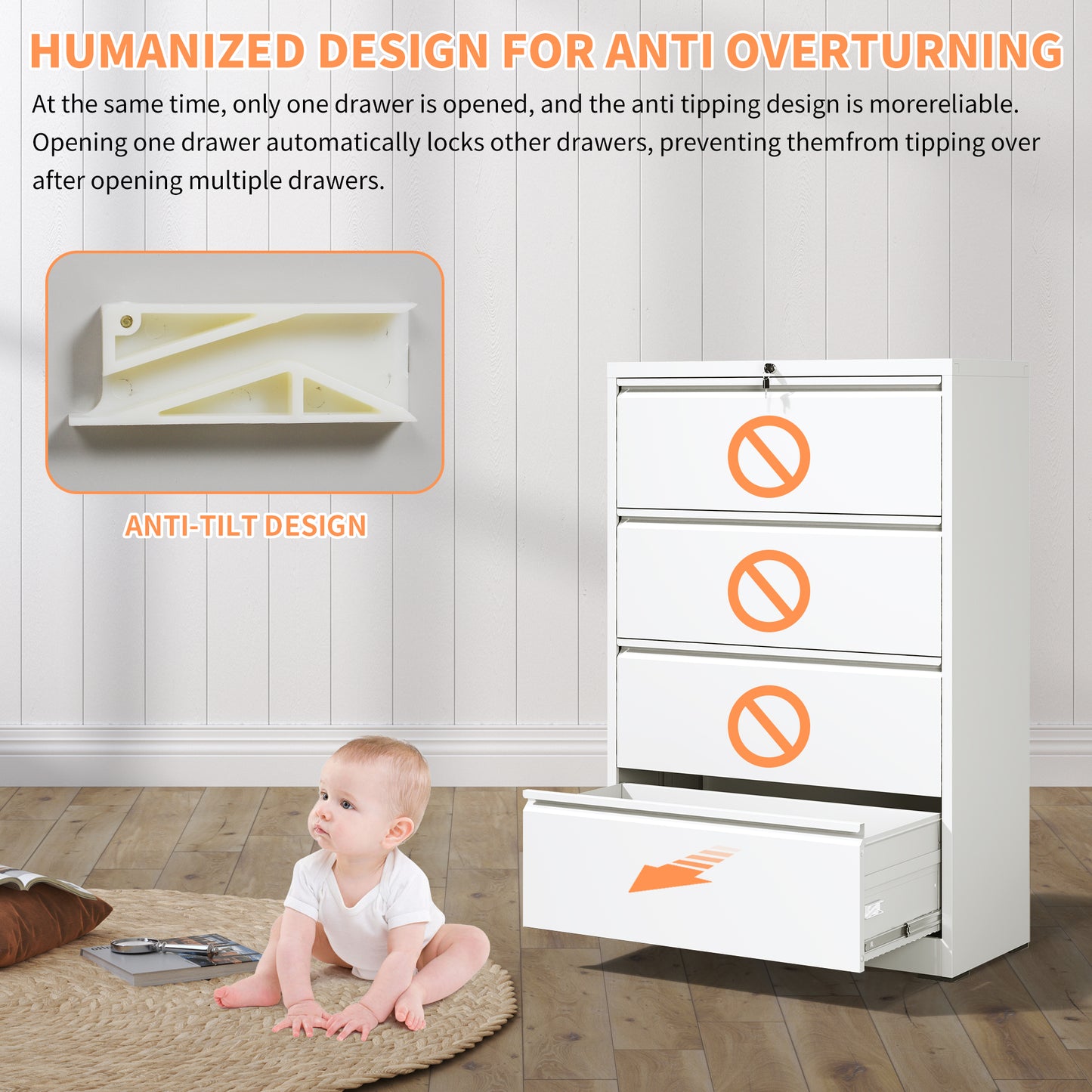 VIYET White 4-Drawer Lateral File Cabinet with Lock, Large Capacity Metal Filing Cabinet for Home Office, Fits Letter, Legal & A4 Files