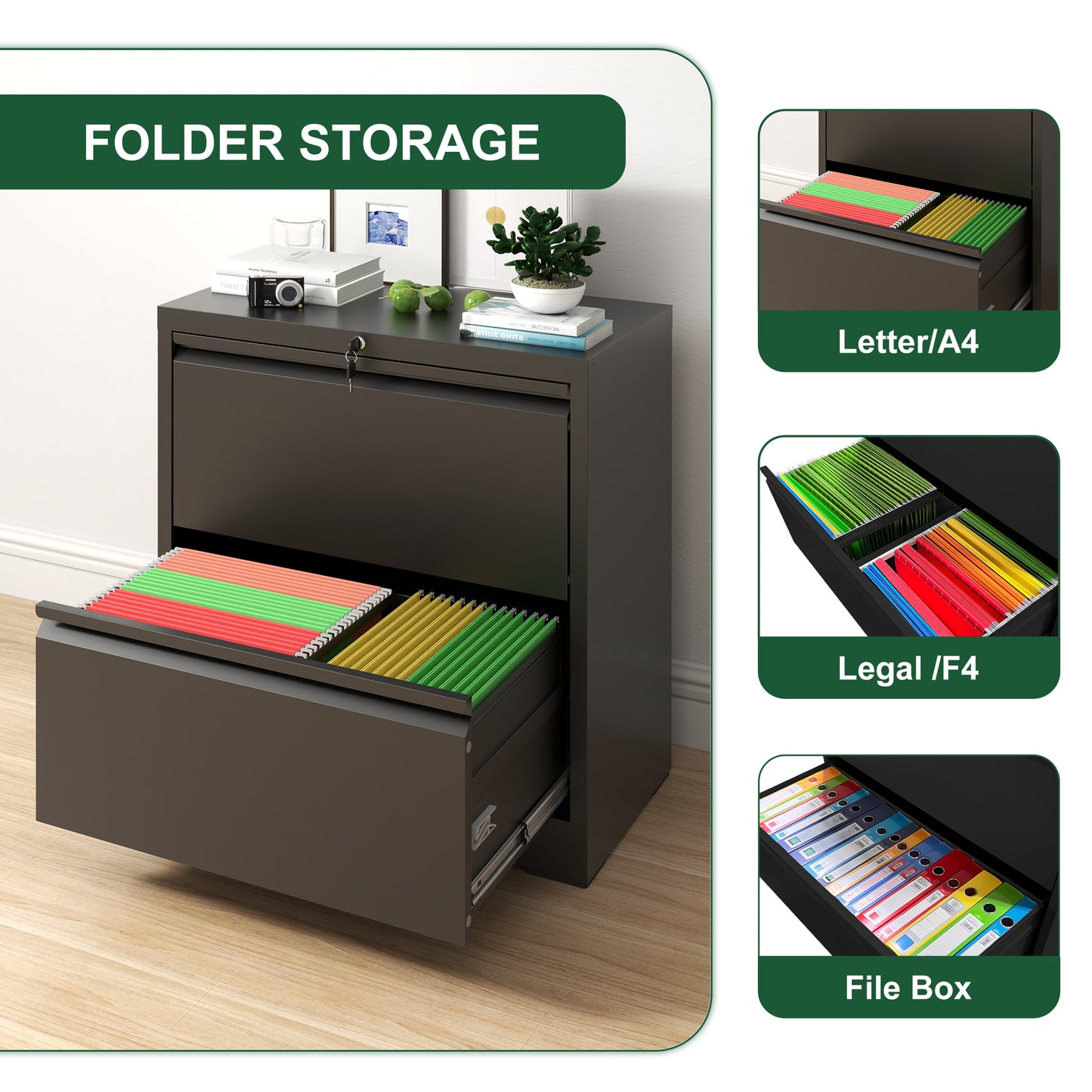 VIYET 2 Drawer Lateral File Cabinet with Lock, Steel Filing Cabinet for Home Office, Fits Letter, Legal & A4 Files, Black