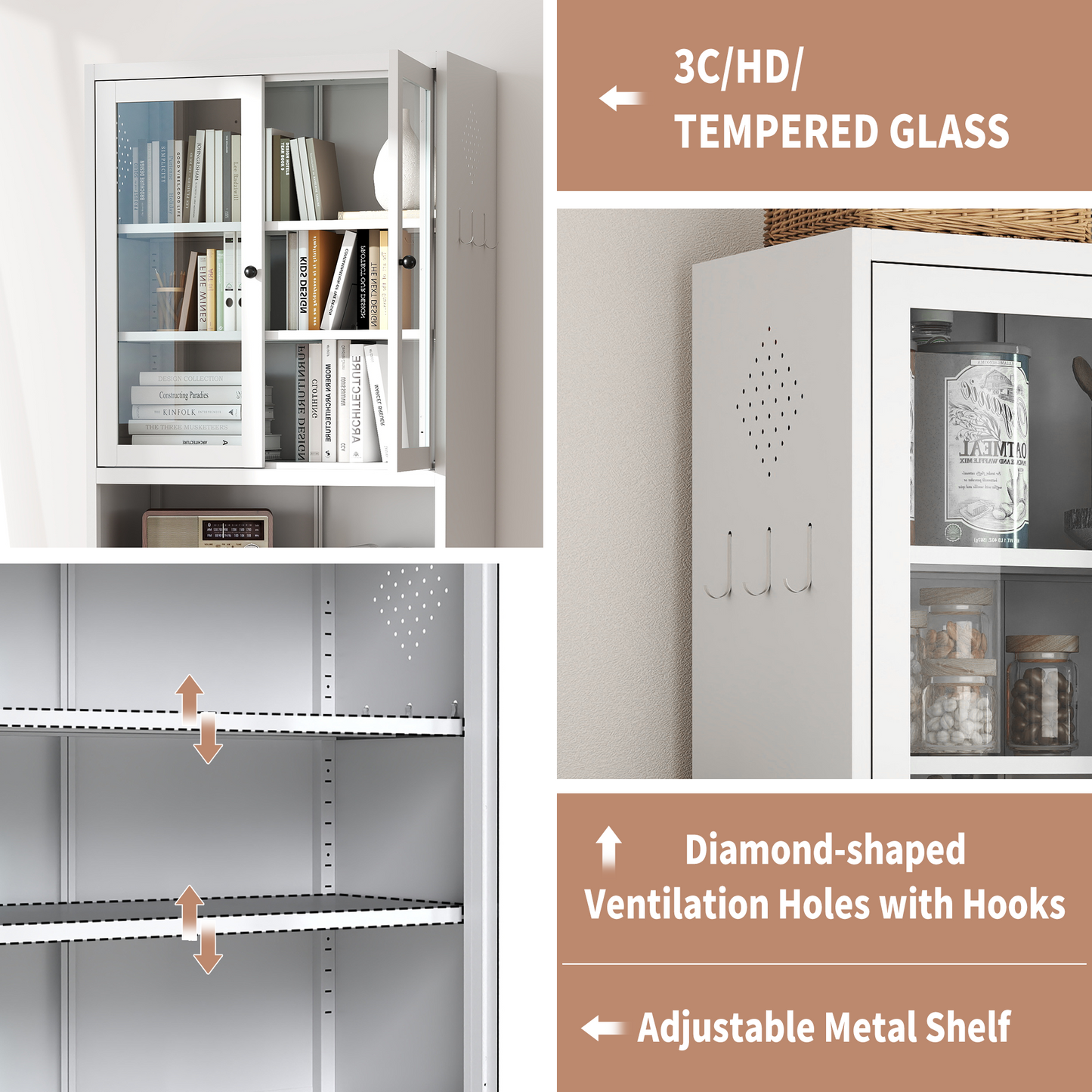 VIYET 72"H Heavy-Duty Metal Kitchen Pantry Cabinet,150LBS/Shelf,Adjustable Shelves+Glass Doors,Freestanding for Kitchen/Pantry/Bathroom(White)