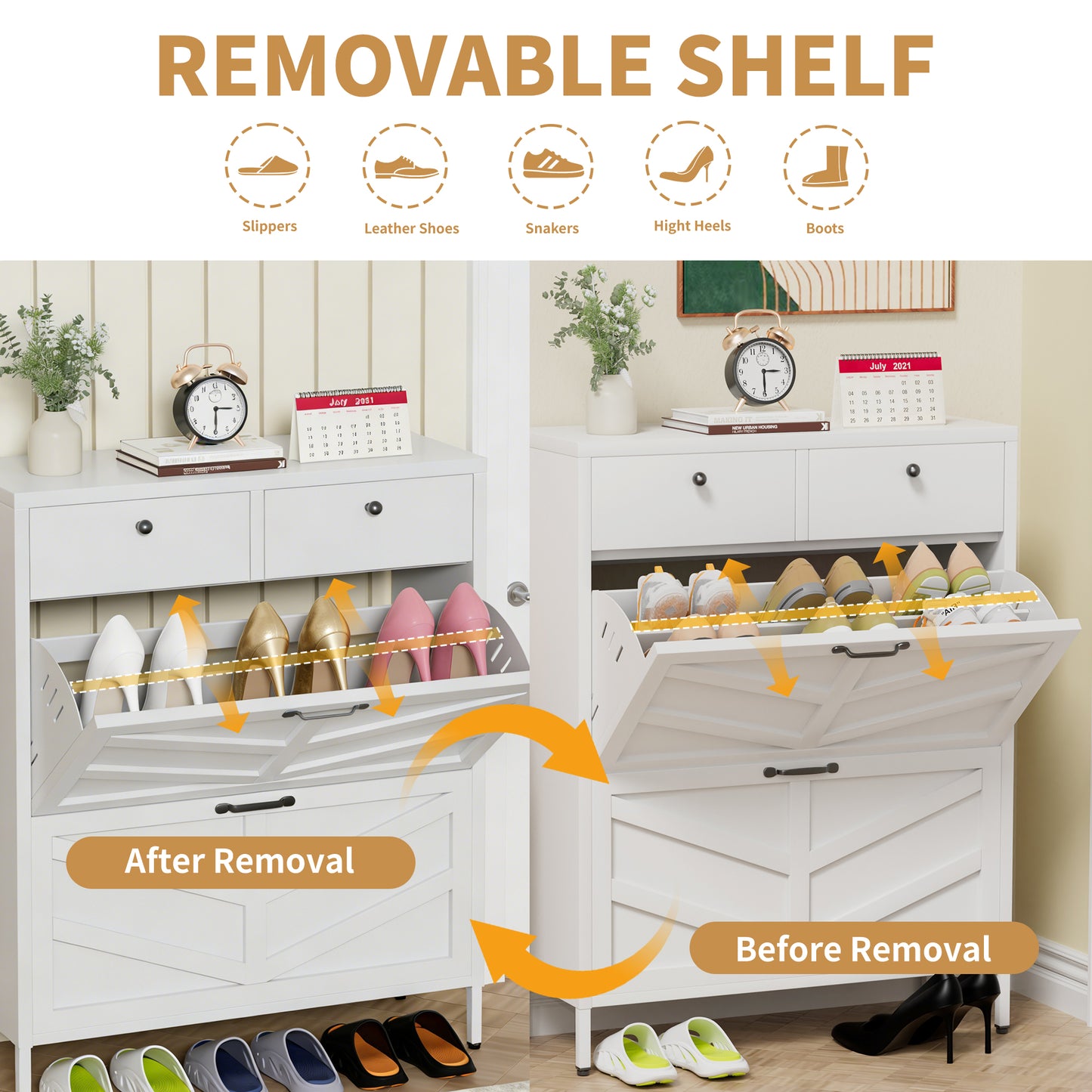 VIYET Slim Metal Shoe Cabinet with 2 Flip Drawers & 2 Top Drawers, Narrow Entryway Storage Organizer, Freestanding Hallway Shoe Rack, White