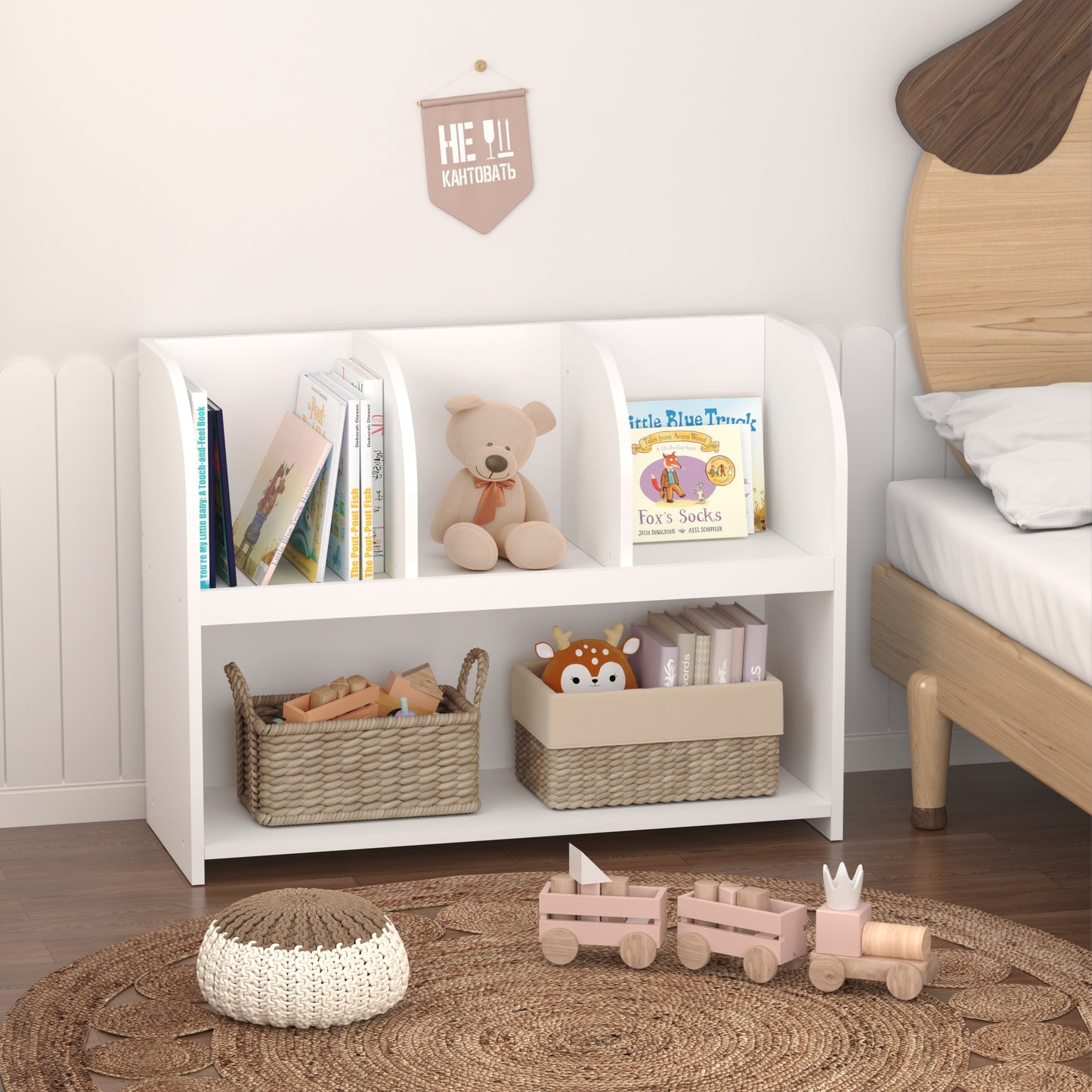 VIYET 24" Kids 4-Compartment Bookcase, White MDF Storage Display Rack (Anti-Tipping Toy Organizer for Playroom/Nursery)