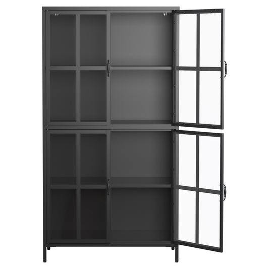 VIYET 63"H Premium Black Metal Storage Cabinet, Tempered Glass Doors + Adjustable Shelves, Anti-Tipping & Magnetic Silent Closure for Home/Office