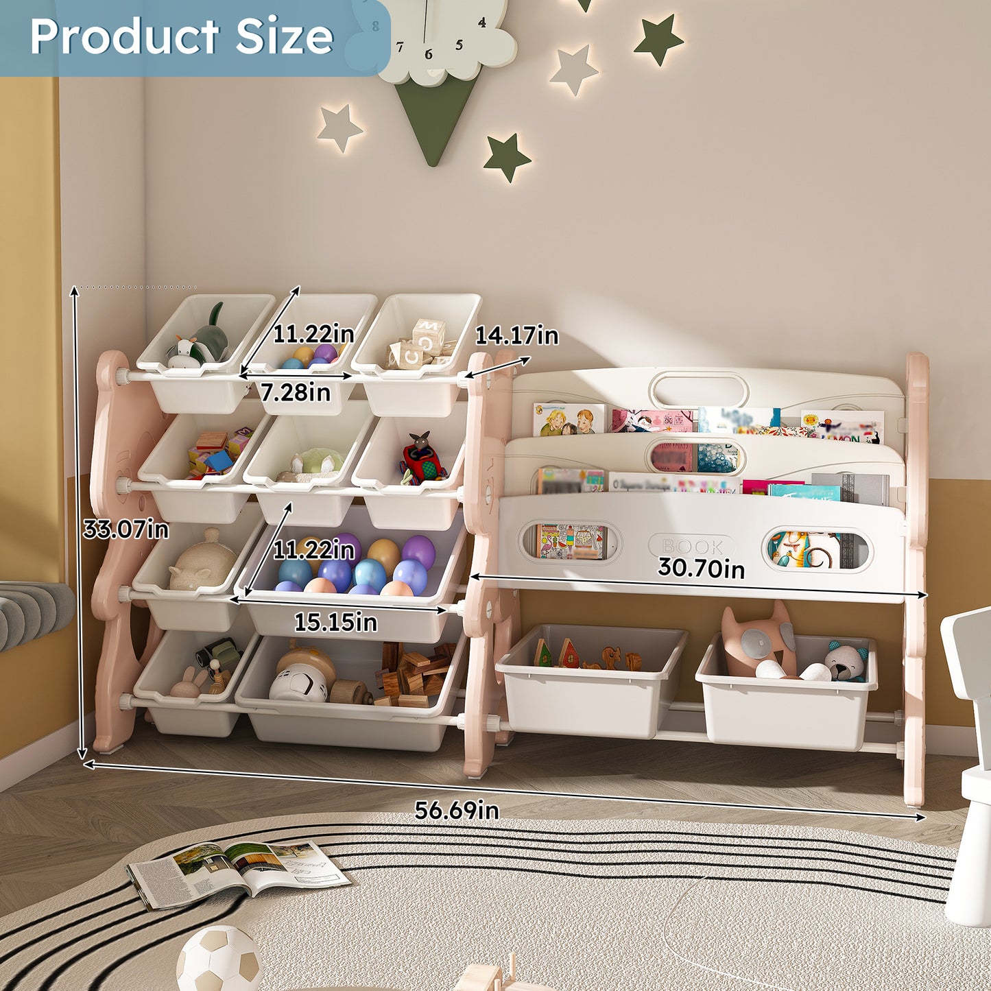 VIYET 34" Kids Toy Storage Organizer, Pink Polyethylene Unit w/ 2-Tier Bookshelf & 12 Toy Bins (Playroom/Bedroom Classroom Organizer)