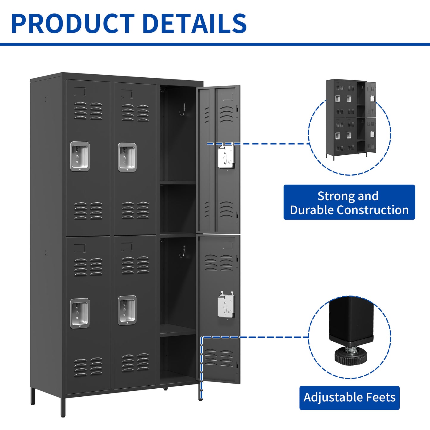 VIYET 72" 6 Door Metal Storage Locker Cabinet with Locks, Freestanding Employee Locker for Office, School, Gym, Garage & Home, Black