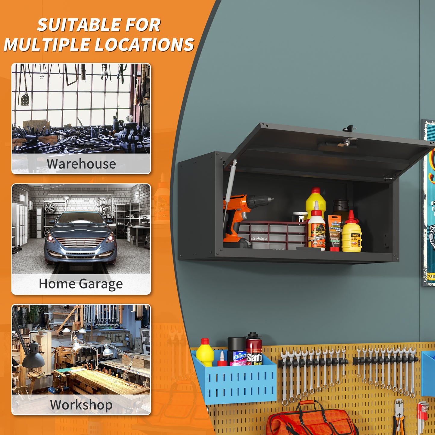 VIYET 13"H Heavy-Duty Wall-Mounted Metal Cabinet - Hydraulic Lift Door + Lock, Modern Black Storage for Garage/Workshop/Utility Room/Pantry