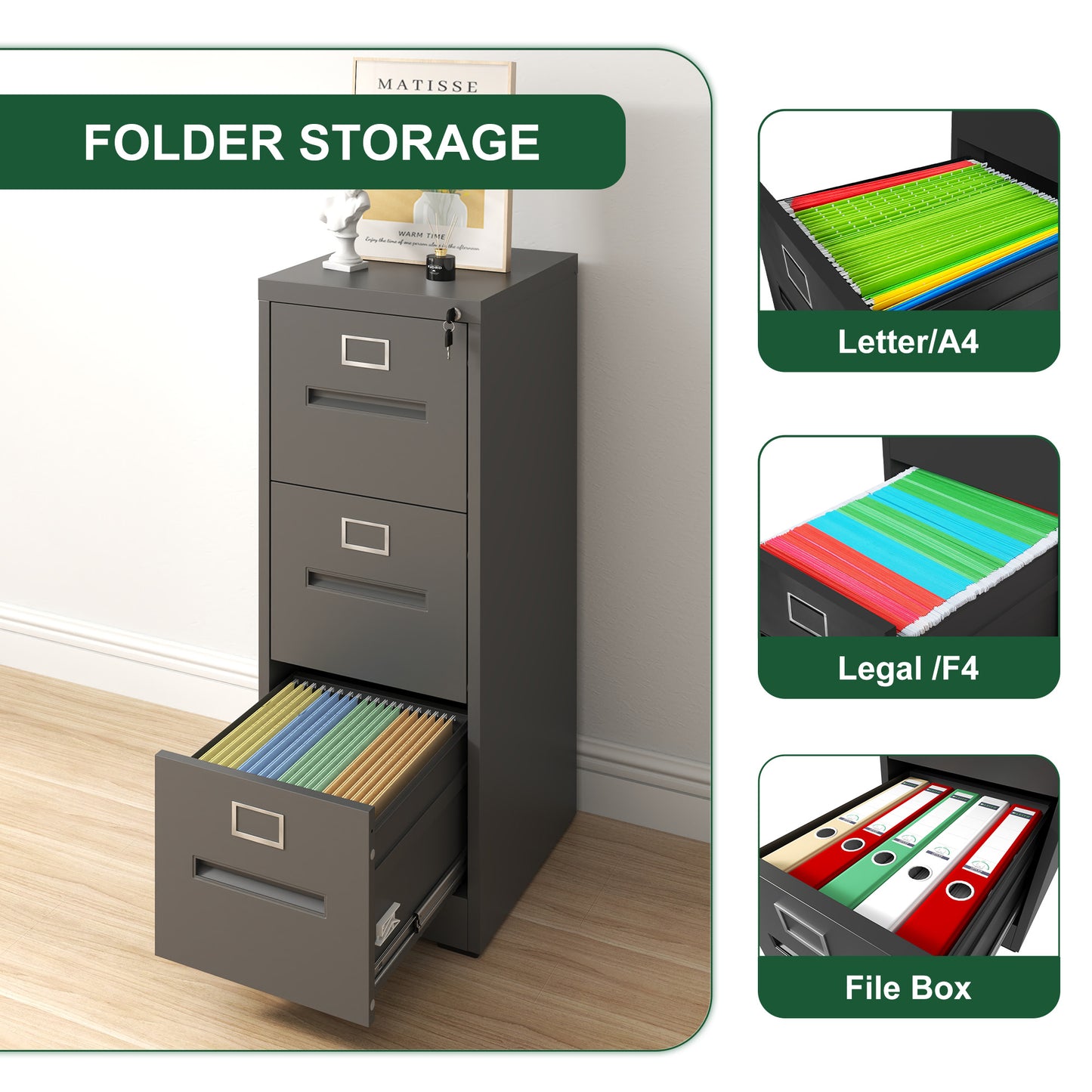 VIYET 40"H 3-Drawer Narrow Metal Vertical File Cabinet with Lock, Fits A4/Letter/Legal, Home Office Filing Steel Cabinet