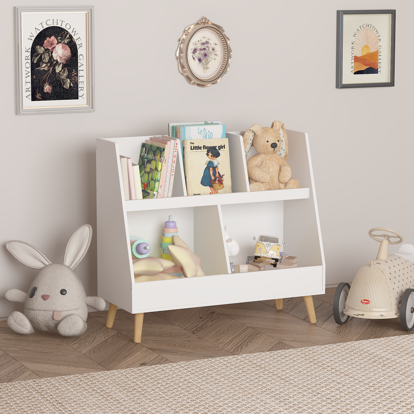 VIYET 28" Kids 5-Cubby Bookshelf Toy Organizer,White Wooden 2-Tier Storage Rack w/ Pine Legs (Anti-Tipping Nursery/Playroom Organizer)