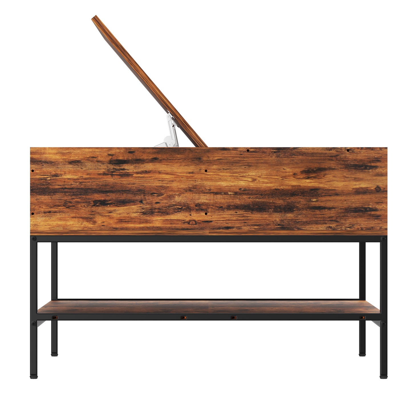 VIYET 32"H Farmhouse Flip Top Coffee Table with Storage, Rustic Wood Grain + Metal Frame, Hidden Compartment & Open Shelves for Living Room, Easy to Assemble & Clean (Black+Brown)
