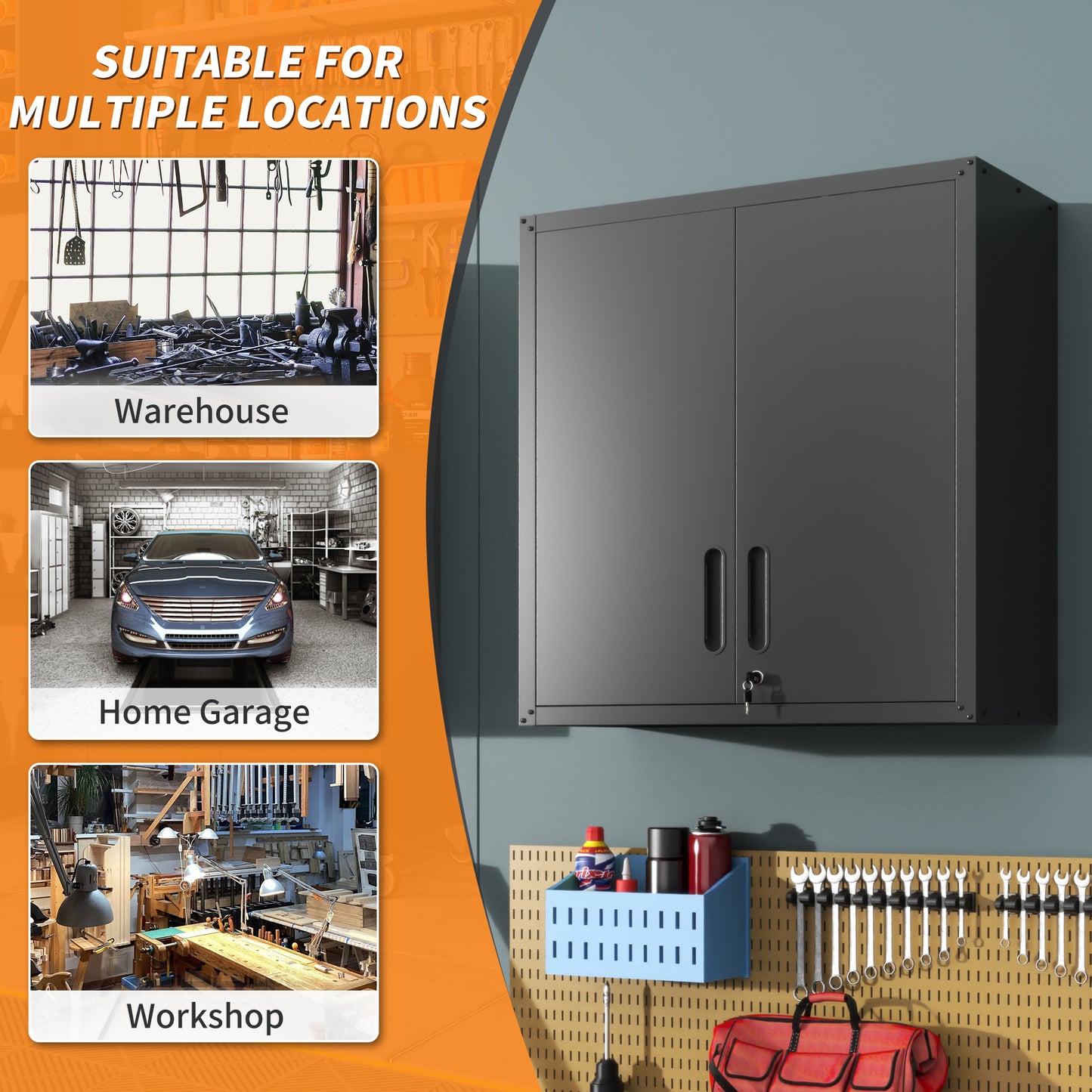 VIYET 30" Wall-Mounted Metal Tool Storage Cabinet - Heavy-Duty Steel Garage Cabinet with 2 Locking Doors & 1 Open Drawer, Space-Saving Black
