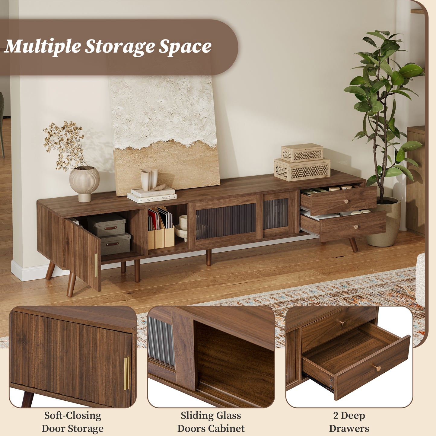 VIYET 77"Modern Minimal TV Stand, Wood-Grain Glass-Door Media Console (for TVs up to 85"), Solid Wood+MDF Storage Cabinet