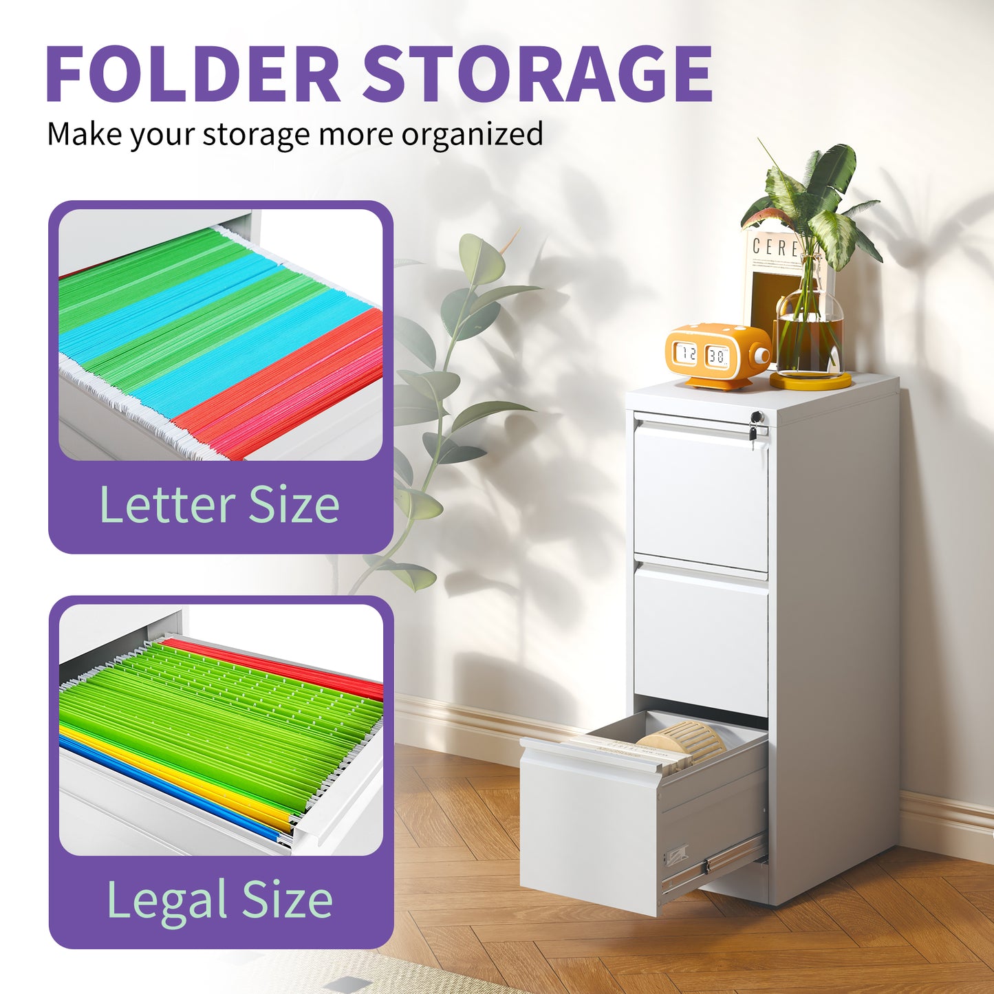VIYET 40" White Vertical 3-Drawer Metal File Cabinet with Lock, Slim Locking Filing Cabinet for Home Office, Fits Letter, Legal & A4 Files