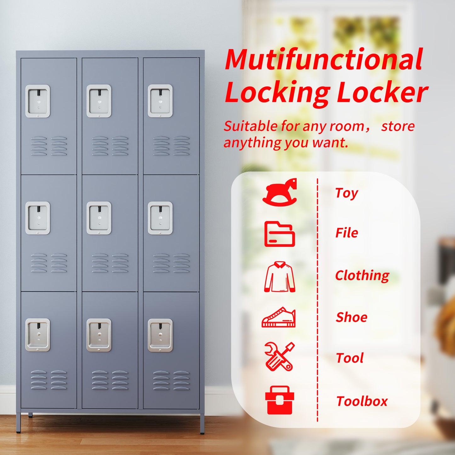 VIYET 72" Metal Storage Locker, 9 Door Lockable Employee Locker Cabinet, Freestanding Steel Locker for School, Office, Gym & Garage, Gray