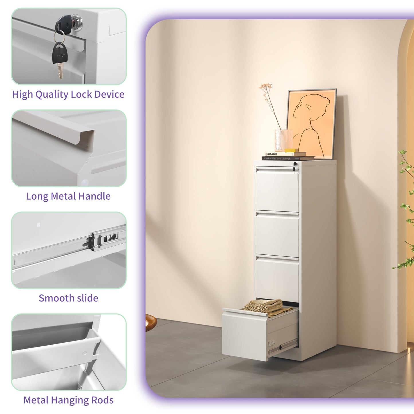 VIYET 52" White Vertical 4-Drawer Metal File Cabinet with Lock, Tall Slim Locking Filing Cabinet for Home Office, Fits Letter, Legal & A4 Files