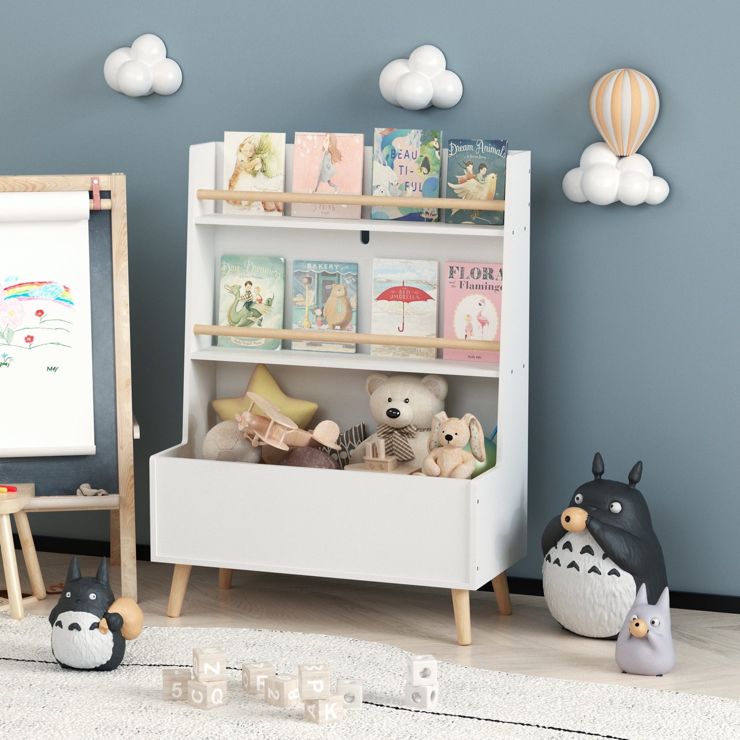 VIYET 37" Kids Bookshelf & Toy Organizer - White MDF+Pine Legs, 2 Shelves, Storage Bin, Anti-Tipping