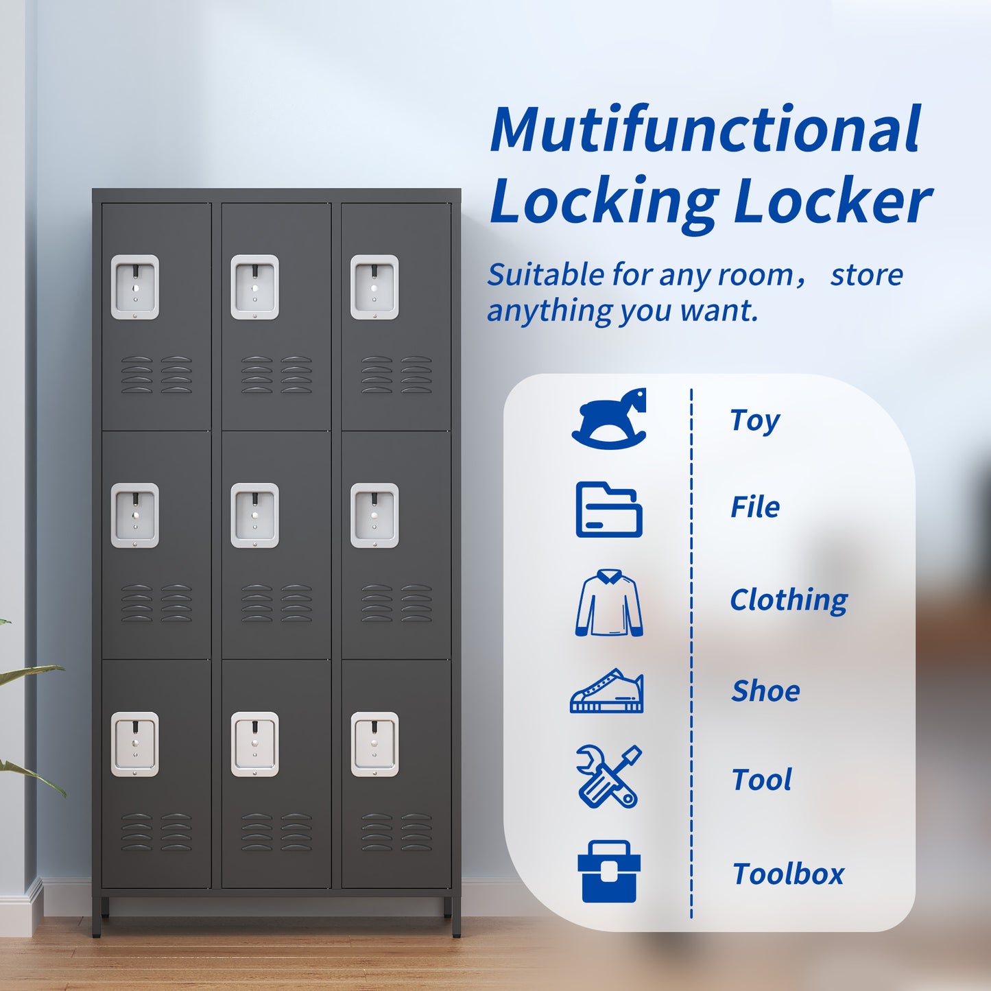 VIYET 72" 9 Door Metal Storage Locker Cabinet with Locks, Freestanding Steel Employee Locker for School, Office, Gym & Garage, Black
