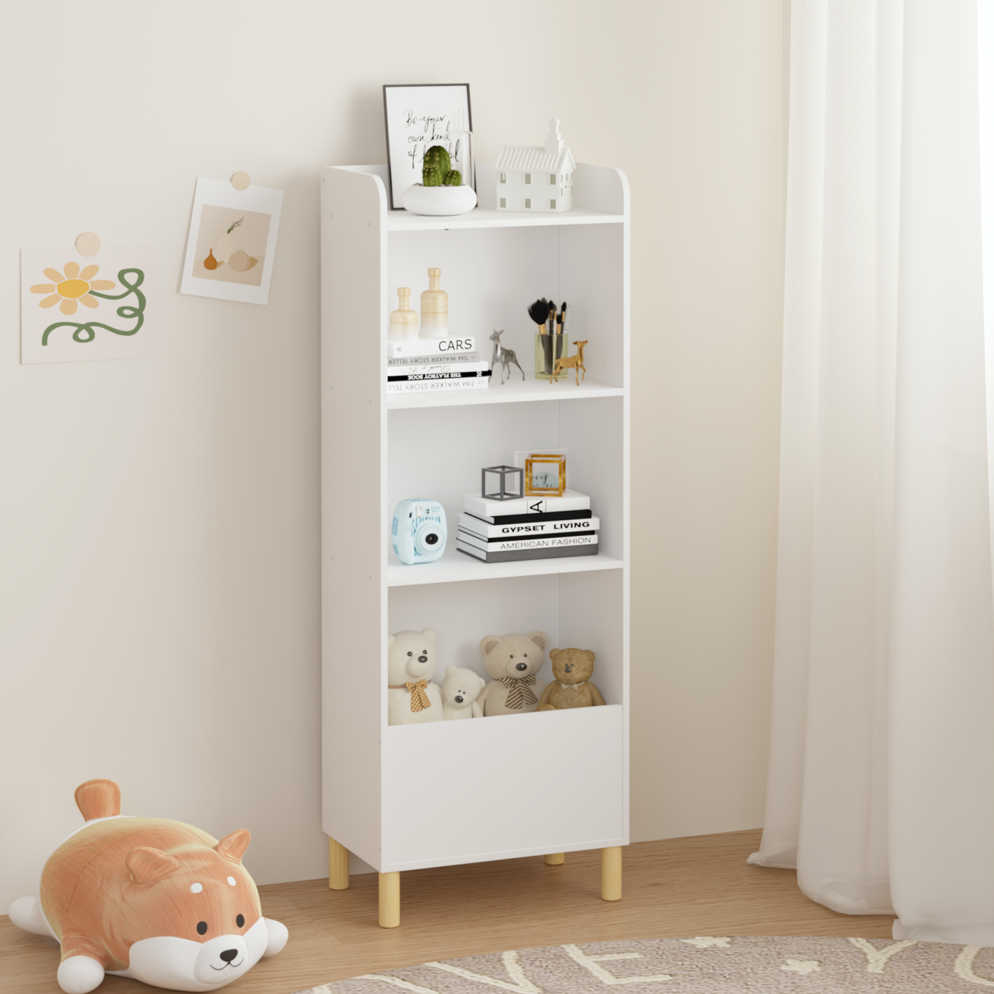 VIYET 51" Kids 4-Tier Bookcase, White MDF+Pine Legs Storage Organizer w/ Anti-Tipping Device (Nursery/Playroom Display Rack)
