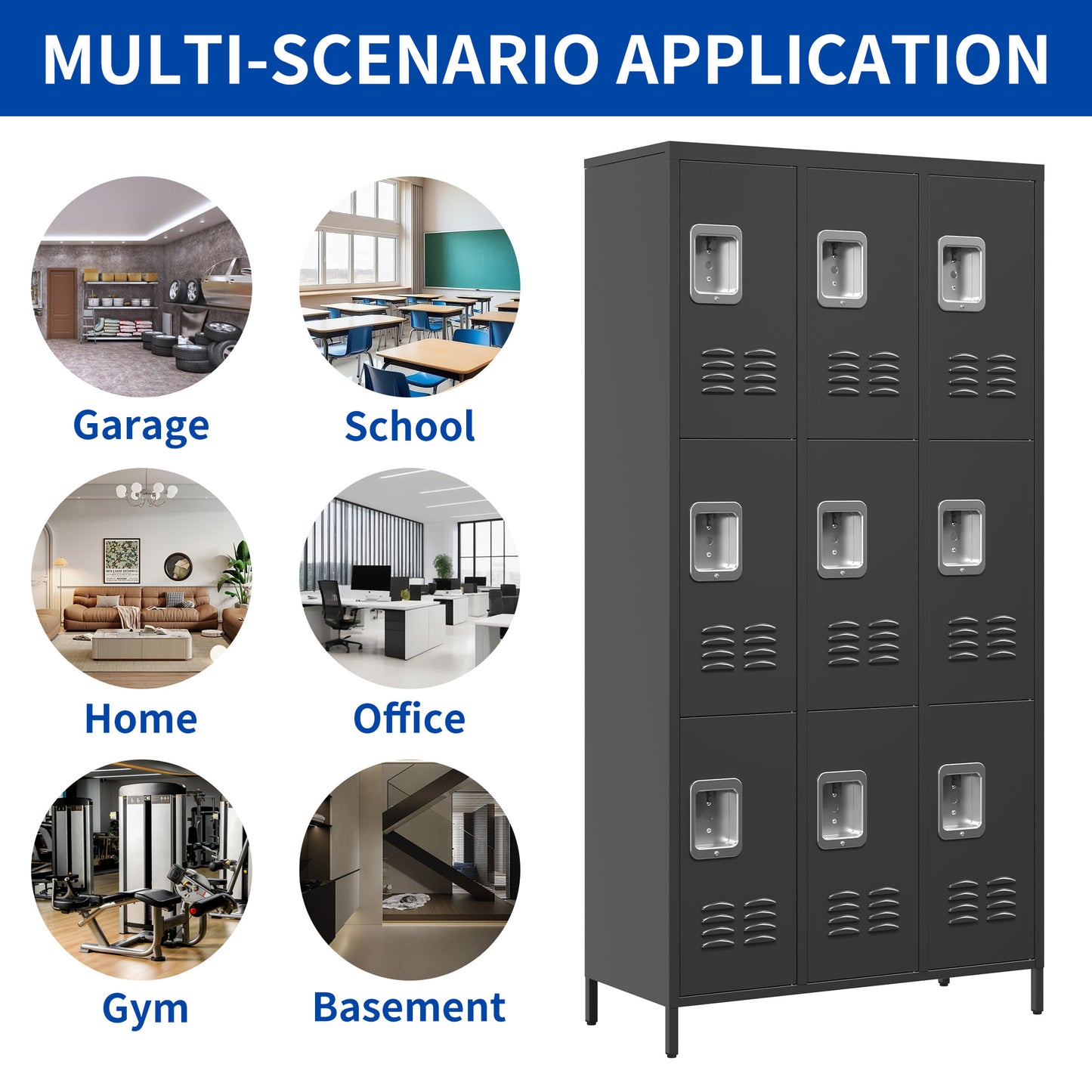 VIYET 72" 9 Door Metal Storage Locker Cabinet with Locks, Freestanding Steel Employee Locker for School, Office, Gym & Garage, Black