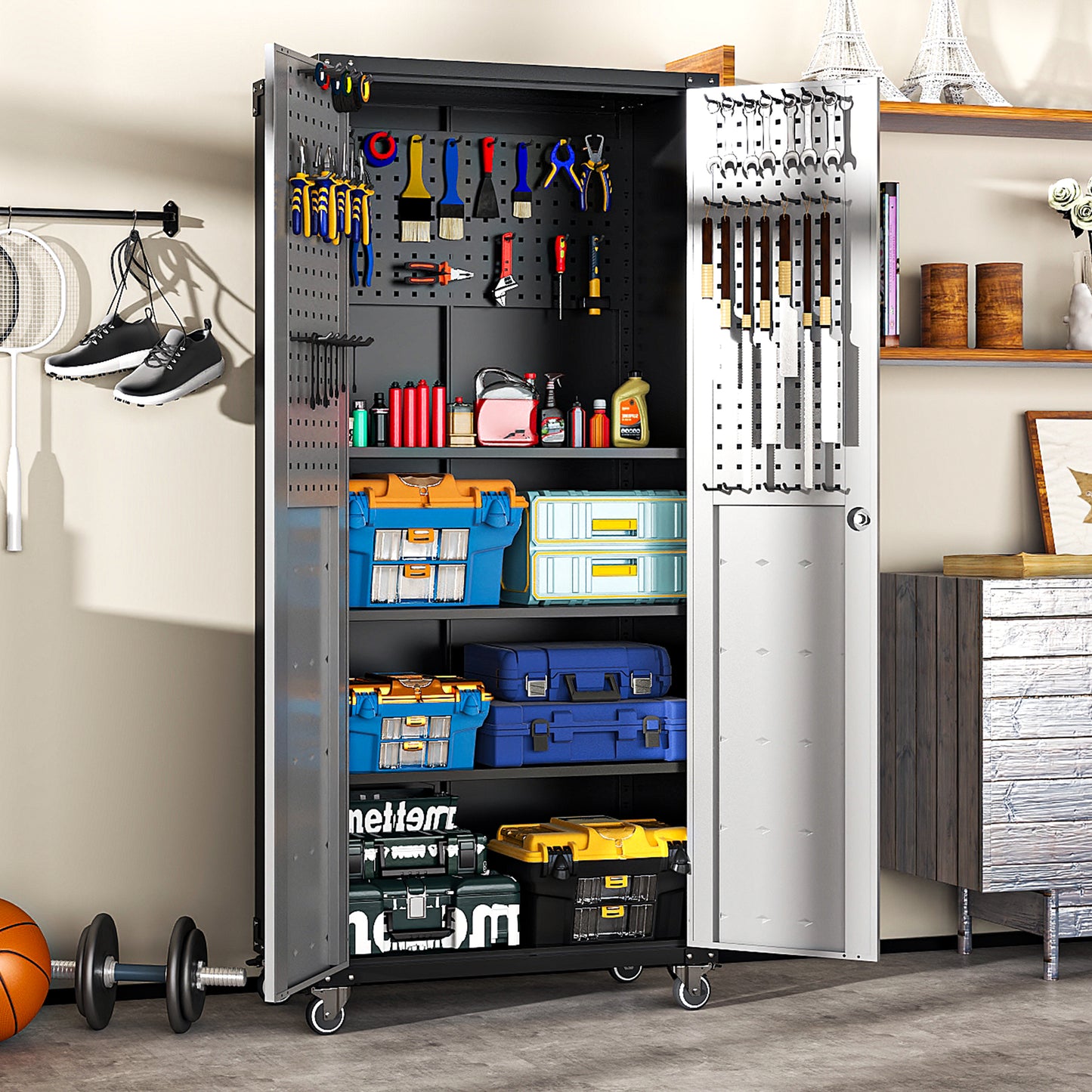 VIYET 71"H Heavy-Duty Steel Garage Cabinet with Wheels & Lock - 3 Adjustable Shelves, 2 Hinged Doors, Mobile Organizer for Garage/Home/Office/School, Black+Gray