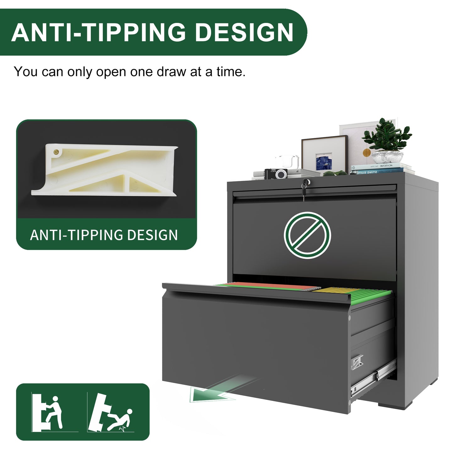 VIYET Locking 2 Drawer Lateral File Cabinet, Steel Filing Cabinet for Home Office, Fits Letter, Legal & A4 Files