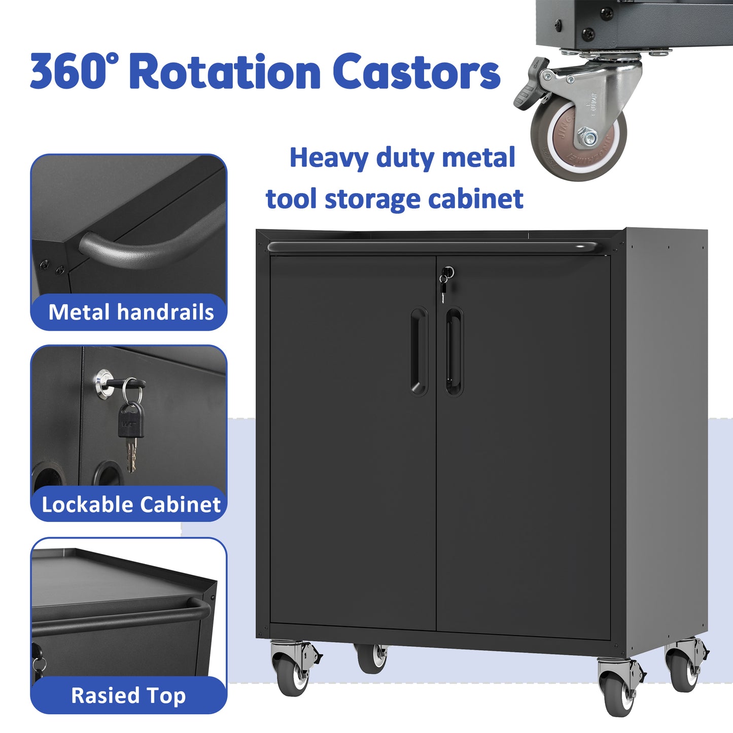 VIYET 31"H Heavy-Duty Cold-Rolled Steel Cabinet with Wheels - Lockable (2 Keys) + Adjustable Shelf, 360° Silent Lockable Casters, DIY Workstation Top, Mobile Organizer for Garage/Home/Office/Kitchen