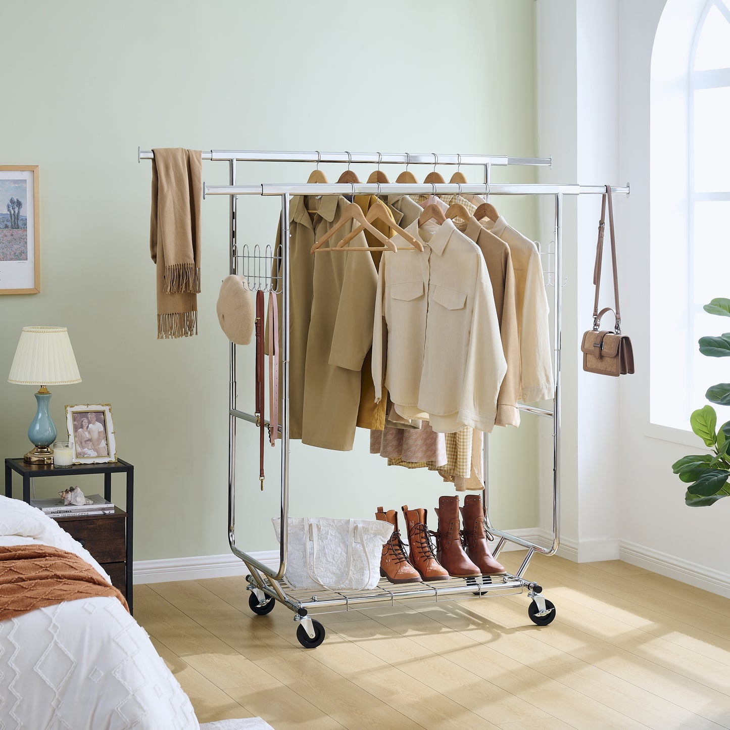 VIYET 68" 800LBS Double Garment Rack with Shelves, Heavy-Duty Iron Rolling Clothes Rack (Collapsible Commercial Portable Hanger)