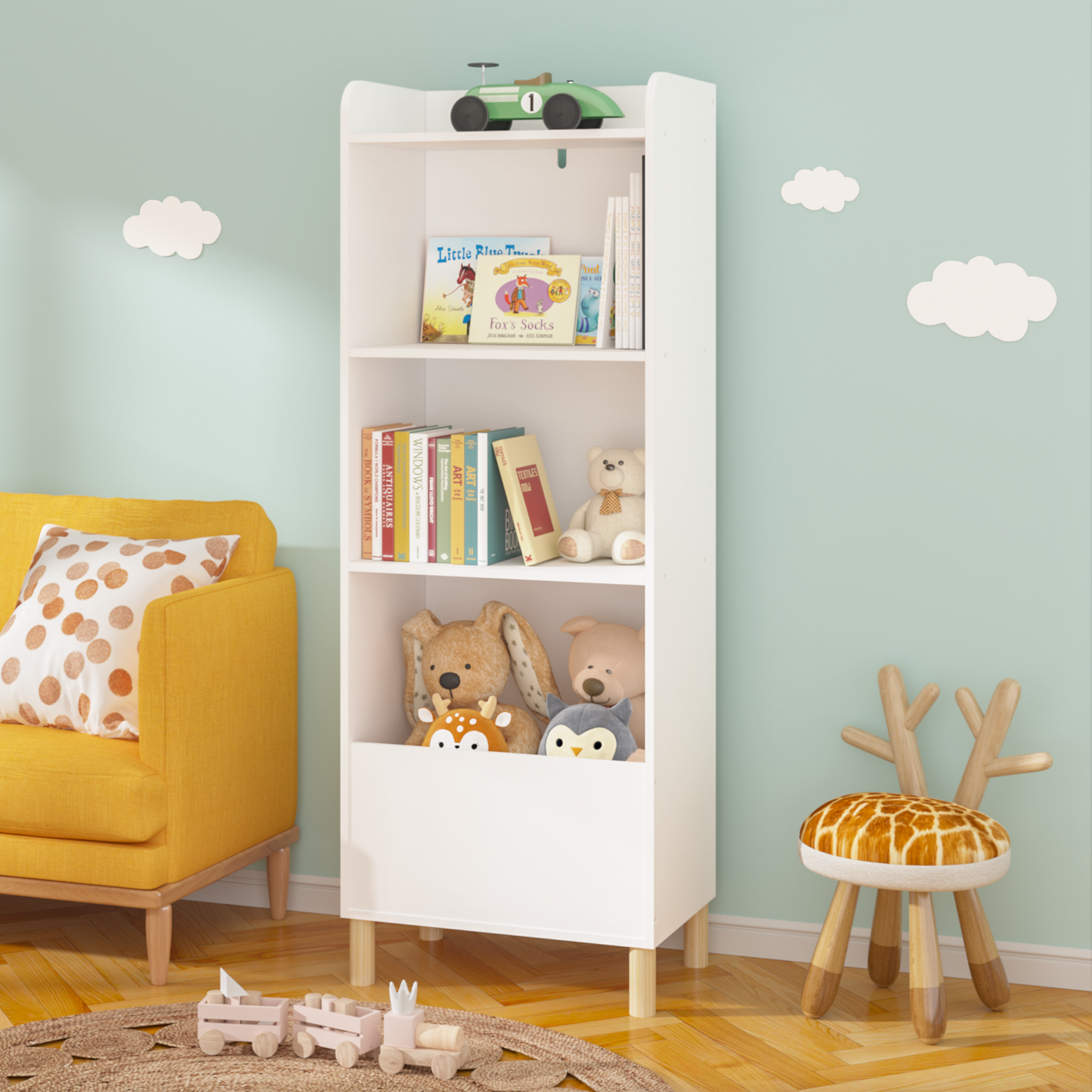 VIYET 51" Kids 4-Tier Bookcase, White MDF+Pine Legs Storage Organizer w/ Anti-Tipping Device (Nursery/Playroom Display Rack)
