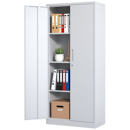 VIYET 71"H Metal Garage Storage Cabinet, White Lockable Steel Cabinet w/ 3 Adjustable Shelves (Anti-Tipping Office/Pantry Organizer)