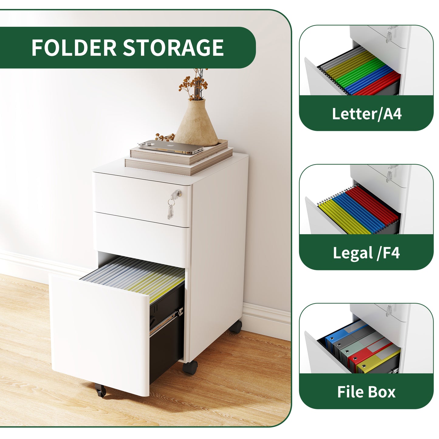 VIYET 3 Drawer Mobile File Cabinet with Lock, Steel Under Desk Rolling Filing Cabinet, Anti-Tip Design for Home Office