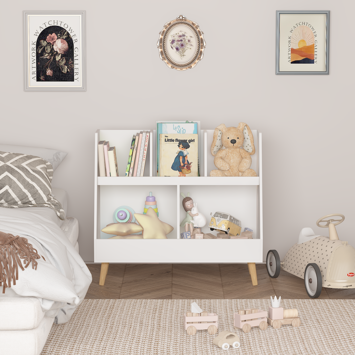 VIYET 28" Kids 5-Cubby Bookshelf Toy Organizer,White Wooden 2-Tier Storage Rack w/ Pine Legs (Anti-Tipping Nursery/Playroom Organizer)