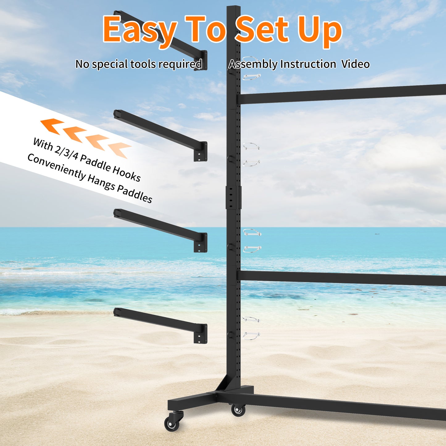 VIYET 27"H Freestanding Kayak Storage Rack, Heavy-Duty Adjustable Stand with Lockable Wheels, Holds 2 Kayaks/Canoe/SUP/Surfboard (Black)
