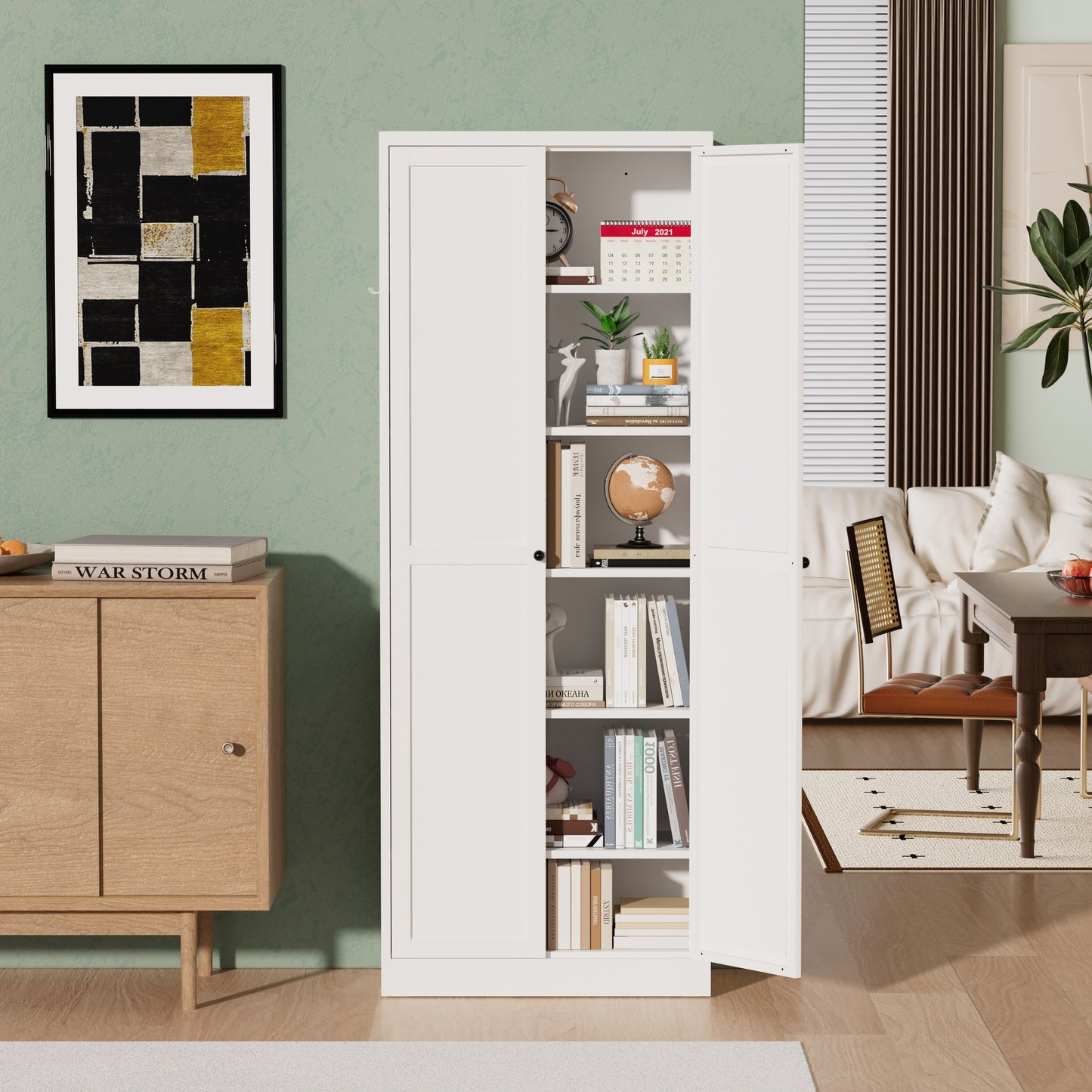 VIYET 72" Metal Pantry Cabinet with Doors, White Kitchen Storage Cabinet, Freestanding Organizer with 5 Adjustable Shelves