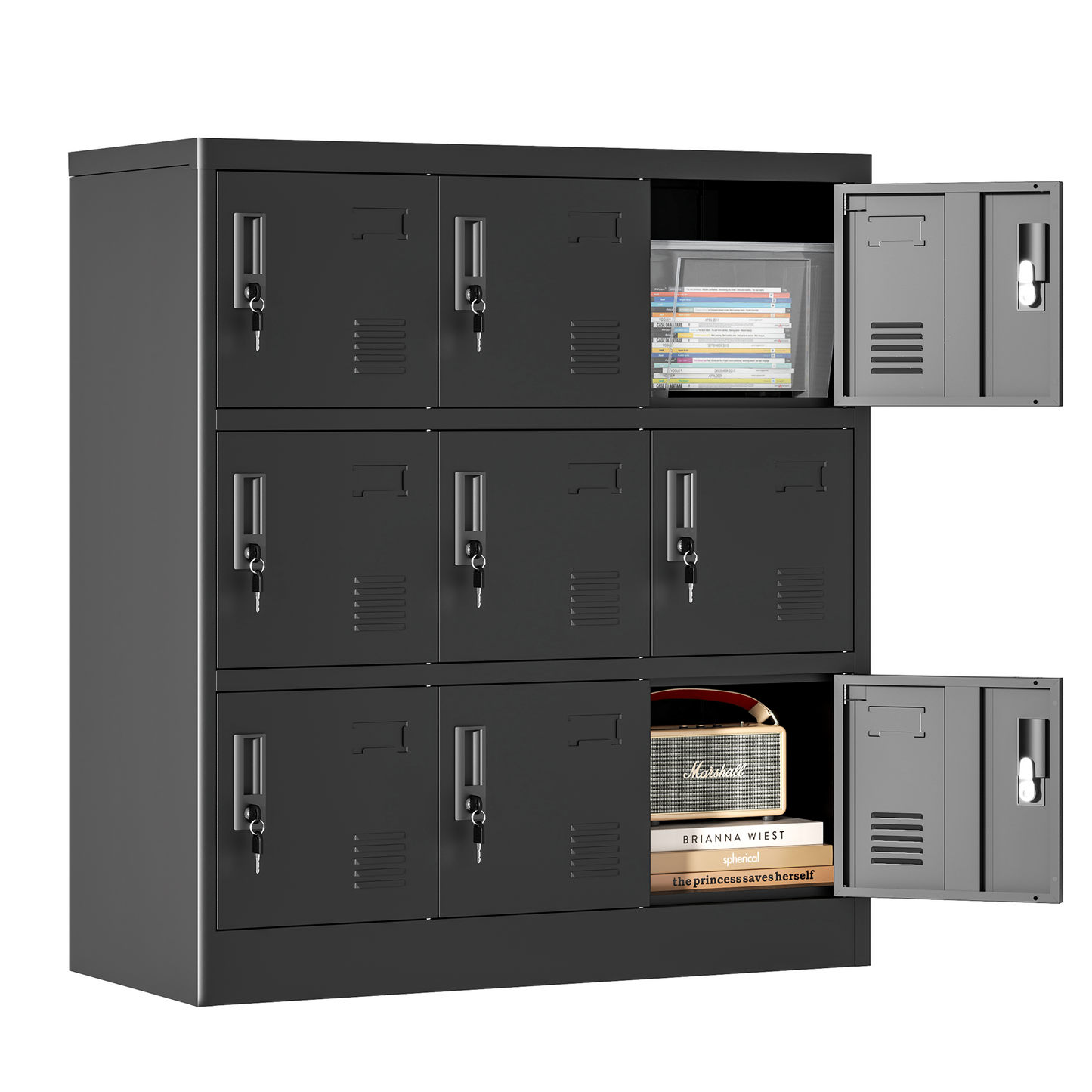VIYET 9-Door Metal Storage Locker with Lock and Card Slot, Black Freestanding Cabinet for Office, Gym, School & Home Storage