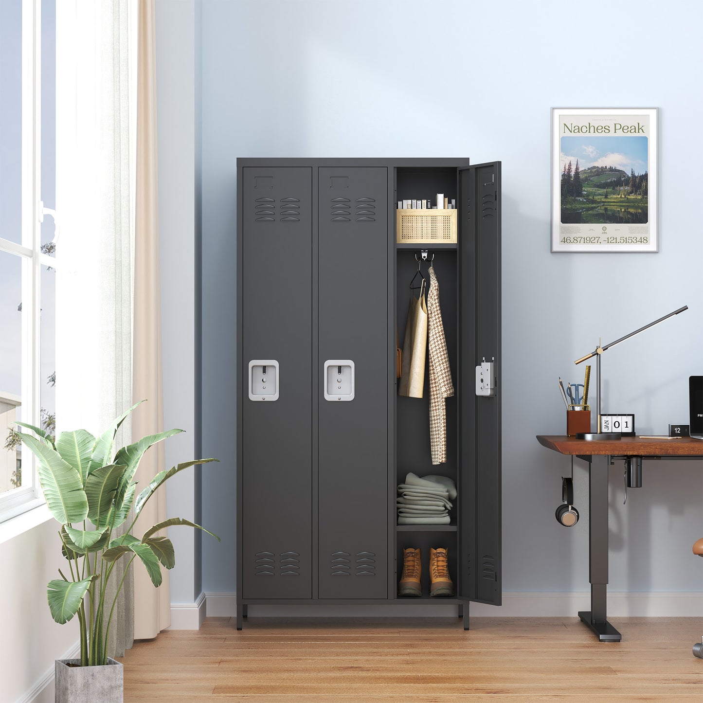 VIYET 72" 3 Door Metal Locker Storage Cabinet with Locks, Freestanding Employee Locker for Office, School, Gym, Garage & Home, Black