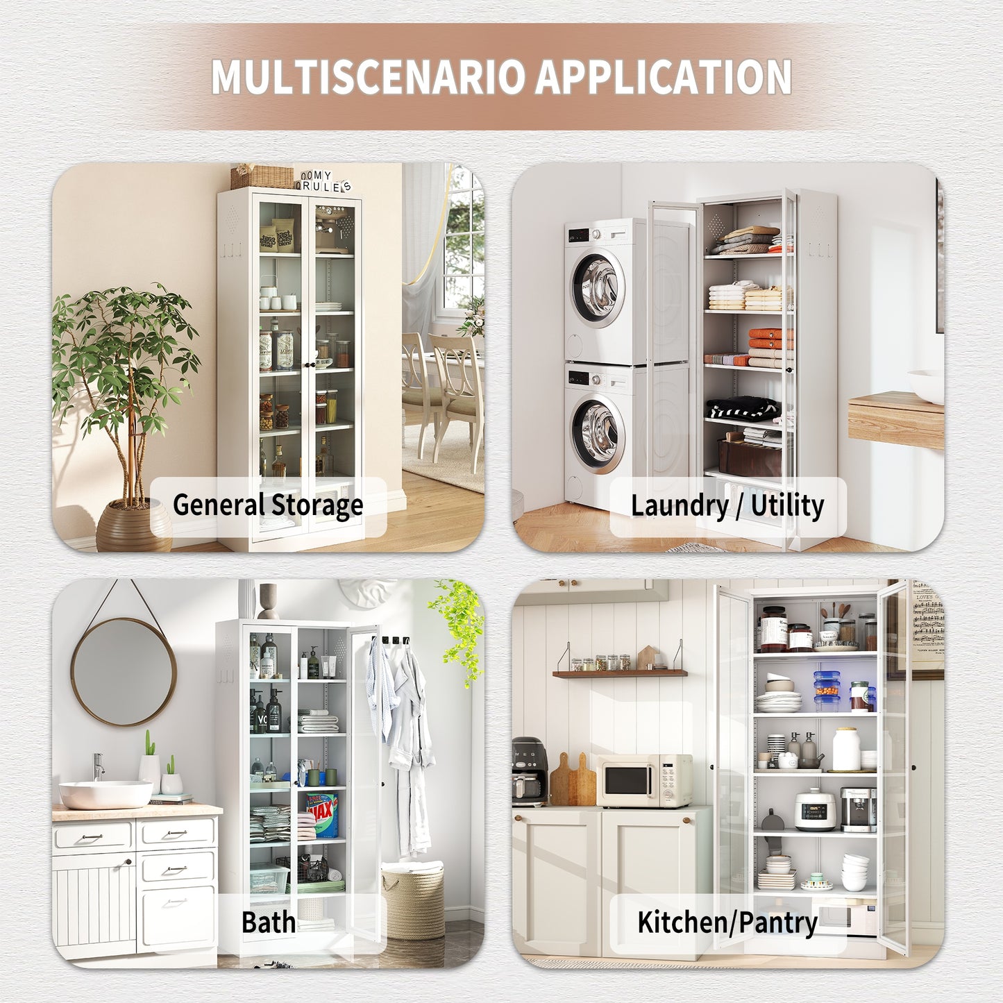 VIYET 72"H Heavy-Duty Metal Kitchen Pantry Cabinet,5 Adjustable Shelves+Glass Doors,80LBS/Shelf Freestanding for Kitchen/Pantry/Bathroom(White)
