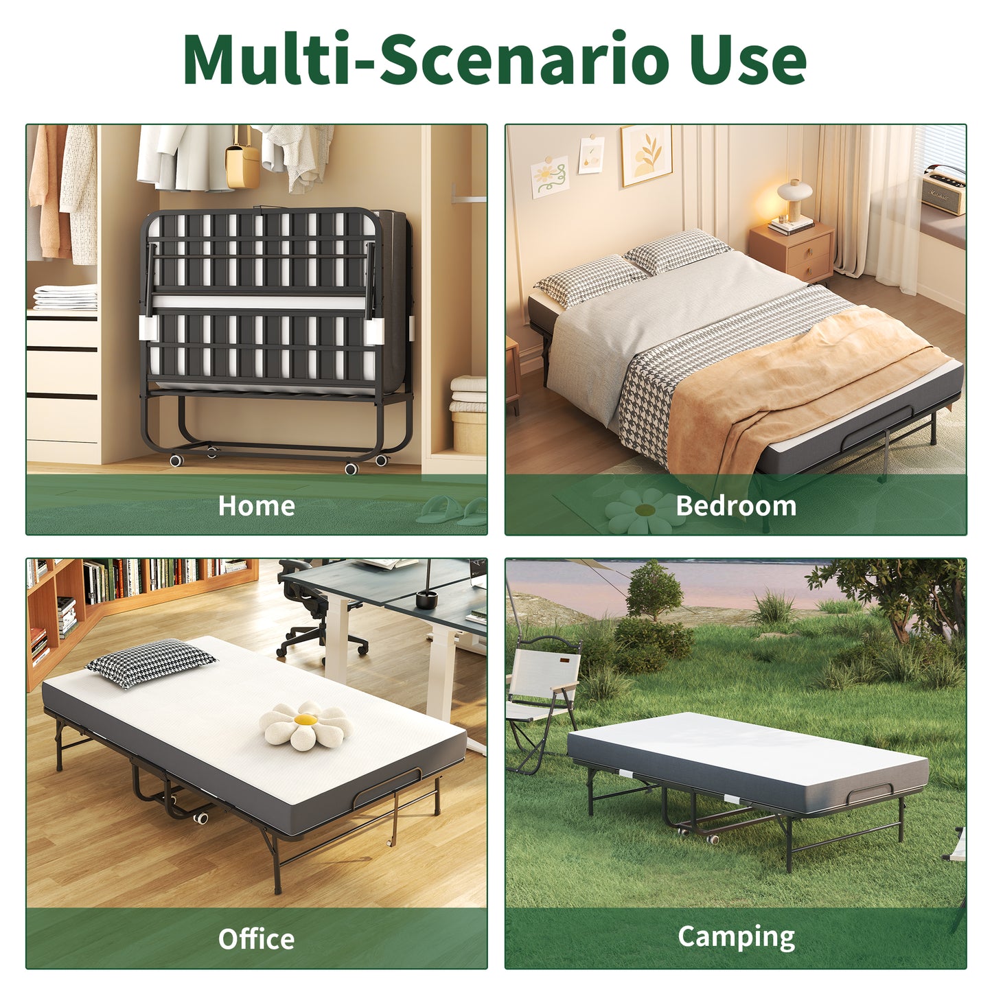 VIYET Folding Bed with Adjustable Headboard, 5" Memory Foam Mattress, 450LB Heavy Duty Rollaway Guest Bed with Wheels for Adults