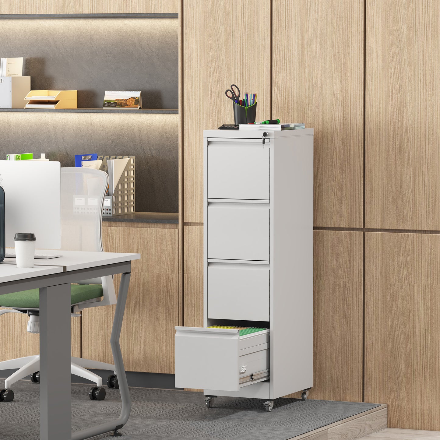VIYET 4-Drawer Rolling Metal File Cabinet with Lock, Vertical Filing Cabinet on Wheels, Fits Letter & Legal Files, White