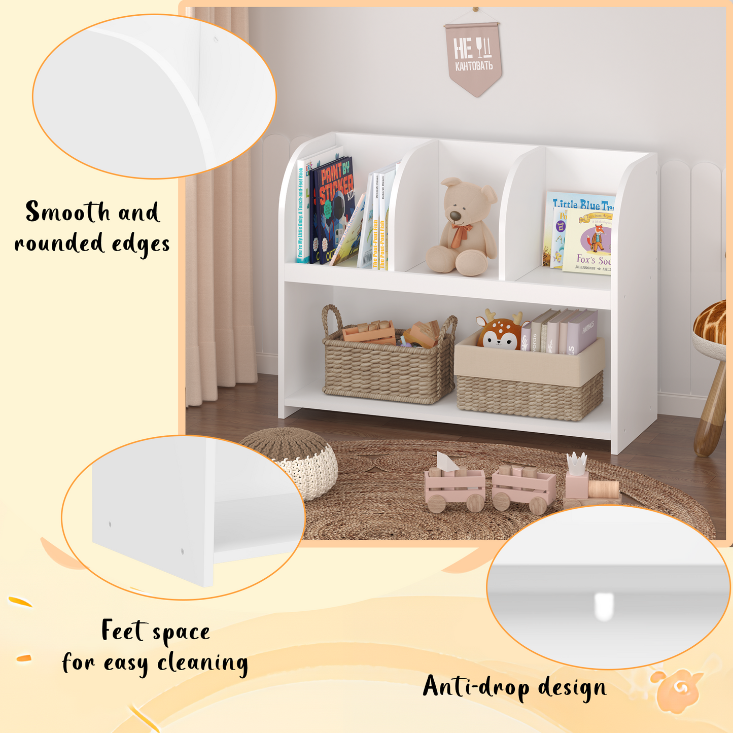 VIYET 24" Kids 4-Compartment Bookcase, White MDF Storage Display Rack (Anti-Tipping Toy Organizer for Playroom/Nursery)