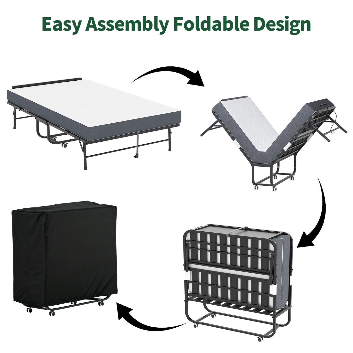 VIYET Folding Guest Bed with Adjustable Headboard, 5" Memory Foam Mattress, 450LB Heavy Duty Rollaway Bed for Adults