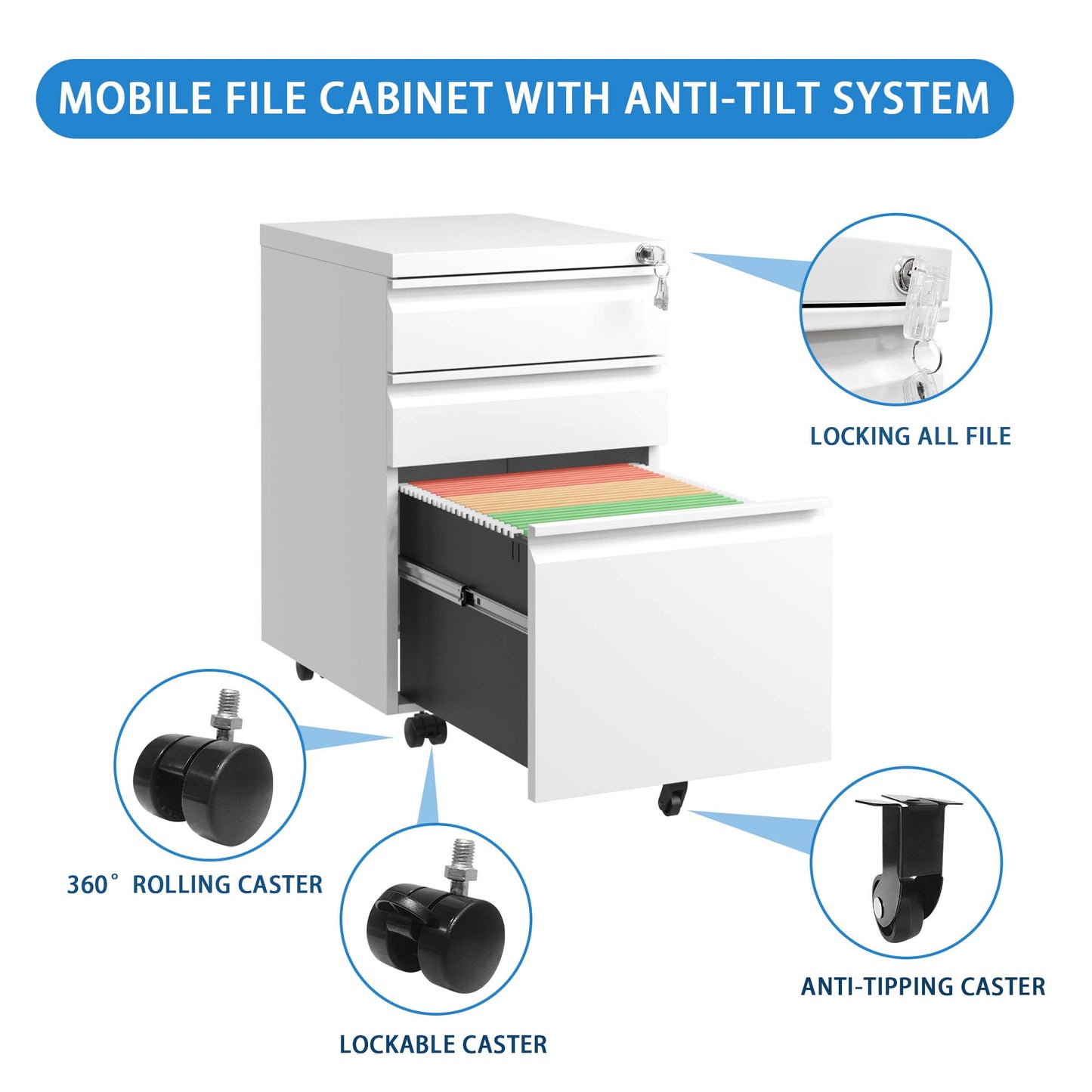 VIYET 3-Drawer Mobile File Cabinet with Lock, Rolling Metal Filing Cabinet for Home Office, Fits Letter, Legal & A4 Files, White